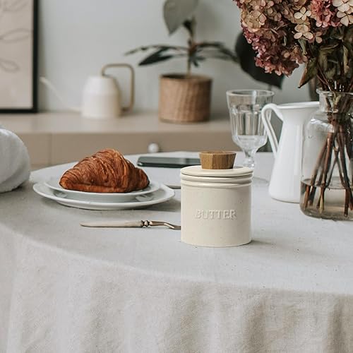 Miniatura 8 de Mantequillera con cuchillo de madera para encimera, de cerámica, mantequilla francesa con línea de agua, soporte para mantequilla para mostrador de