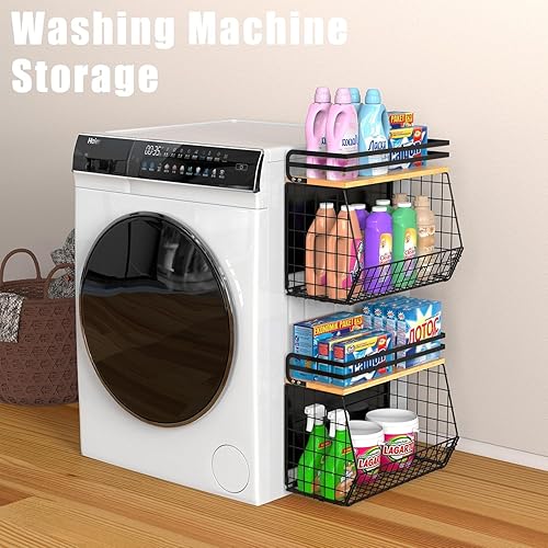 Miniatura 6 de Paquete de 2 organizadores magnéticos de almacenamiento de especias para refrigerador, estante magnético para refrigerador con tapa de madera,