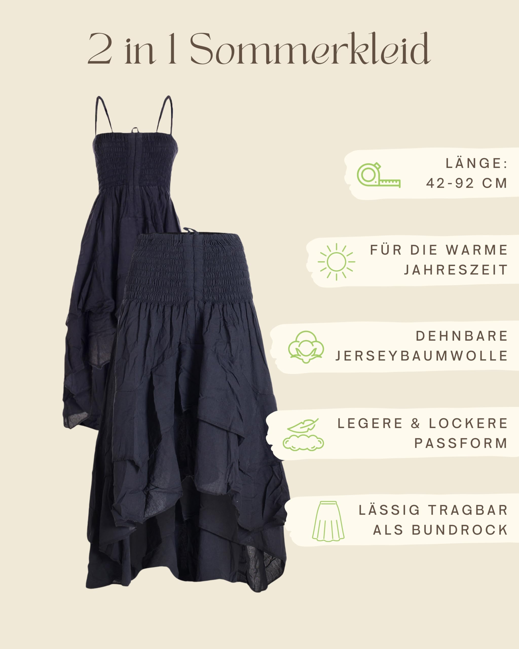 Vishes Damen 2in1 Sommerkleid-Rock | Flexibel als Spaghettiträger-Kleid oder Rock tragbar | 100% Baumwolle I Ideal für Frühjahr & Sommer I Nachhaltige Alternative Bekleidung