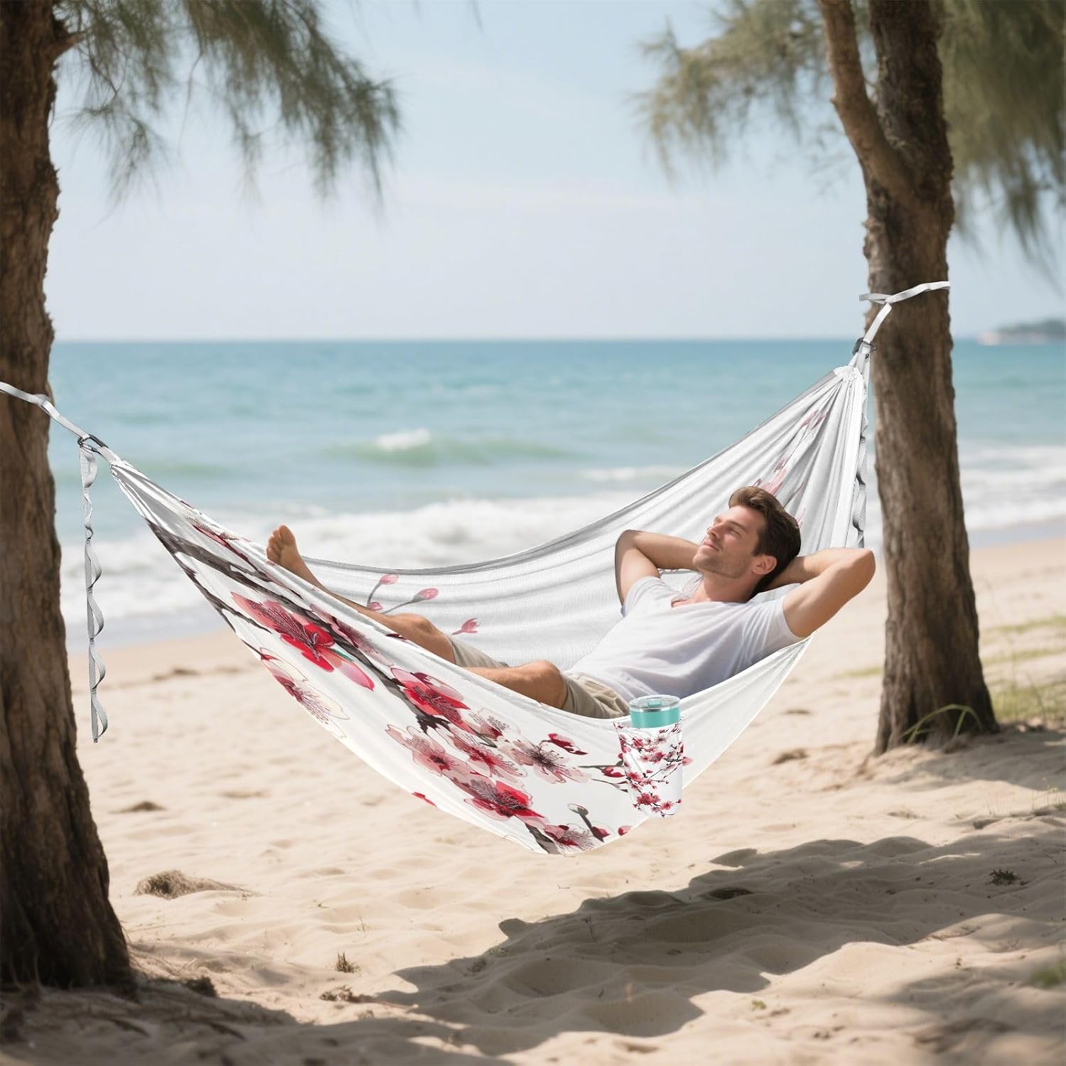 ALAZA Cherry Blossom Flower Red & Pink Camping Hammocks Single or 2 Person 500 lbs Portable Parachute Travel Hammock w/Tree Straps for Hiking Backpacking Indoor Outdoor