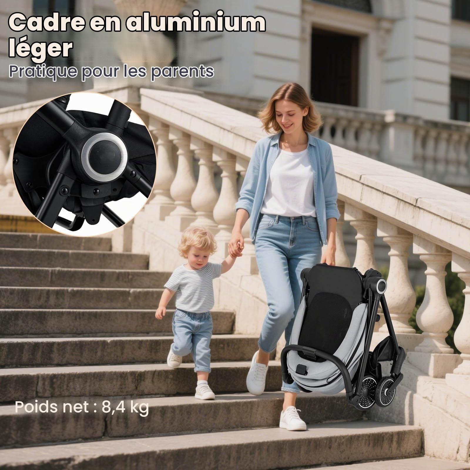 LIFEZEAL Poussette Canne Pliable Bébé 0-36 mois, Dossier Réglable, Poussette Compacte Légère, Siège Réversible, Harnais de Sécurité, Roues Universelles, Frein, Charge 30kg (Gris)