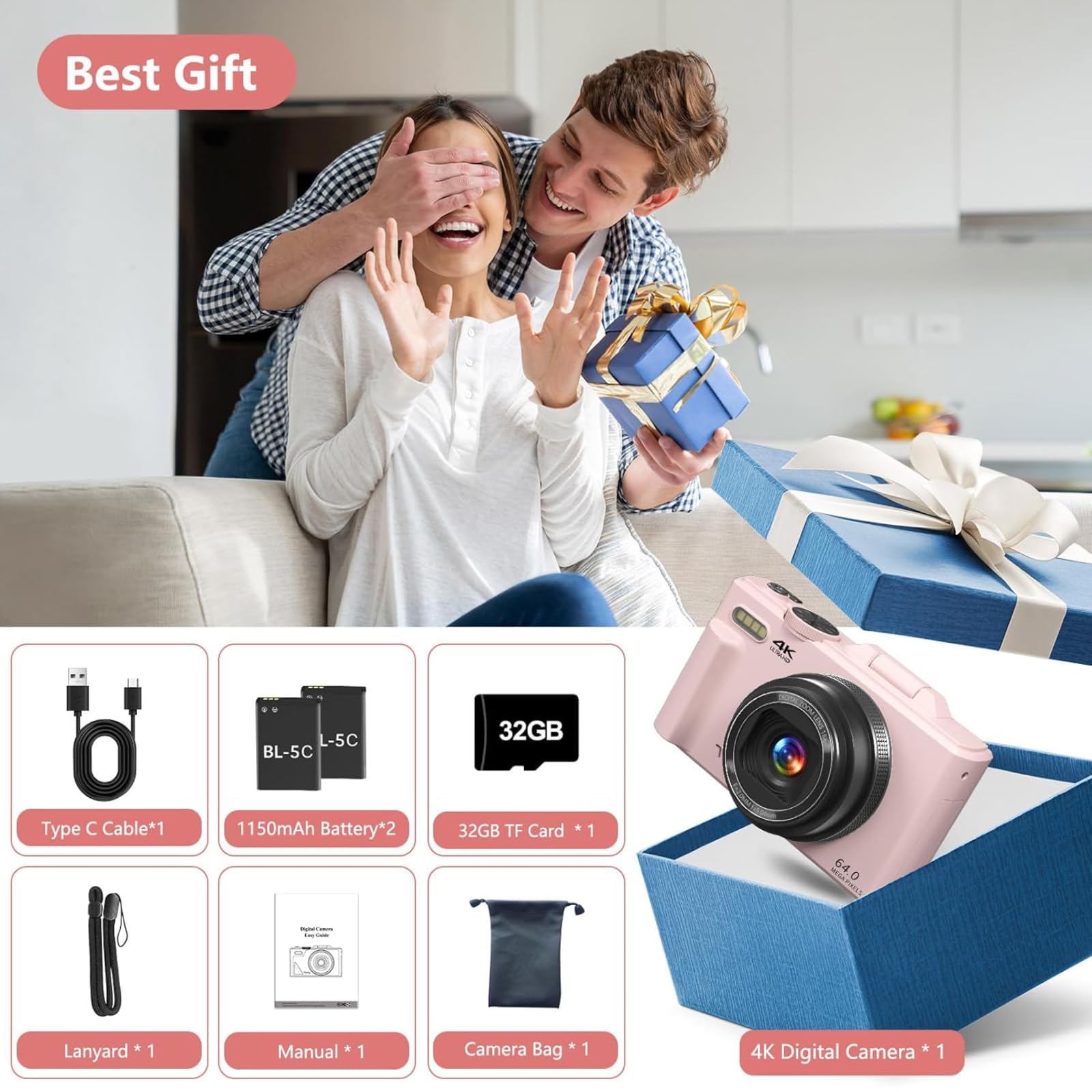 4K Digitalkamera 64MP Kompaktkamera Fotokamera mit Flip Screen Autofokus Vlogging Fotoapparat für einsteiger, 16X Digitalzoom, mit 32GB Karte, 2 Batterien,pink