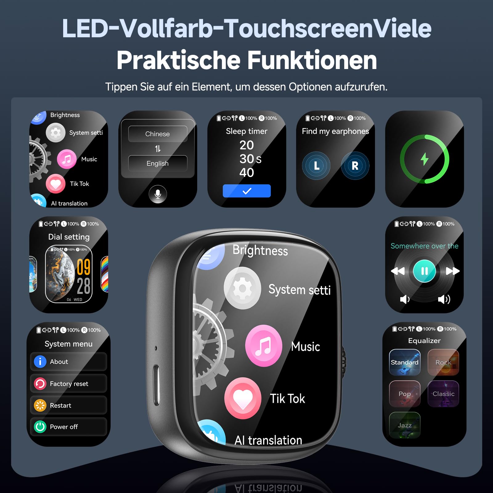 BEARTAIN Übersetzungskopfhörer 3-in-1 Echtzeitübersetzung 165 Sprachen Touchscreen 60H iOS Android Reisen