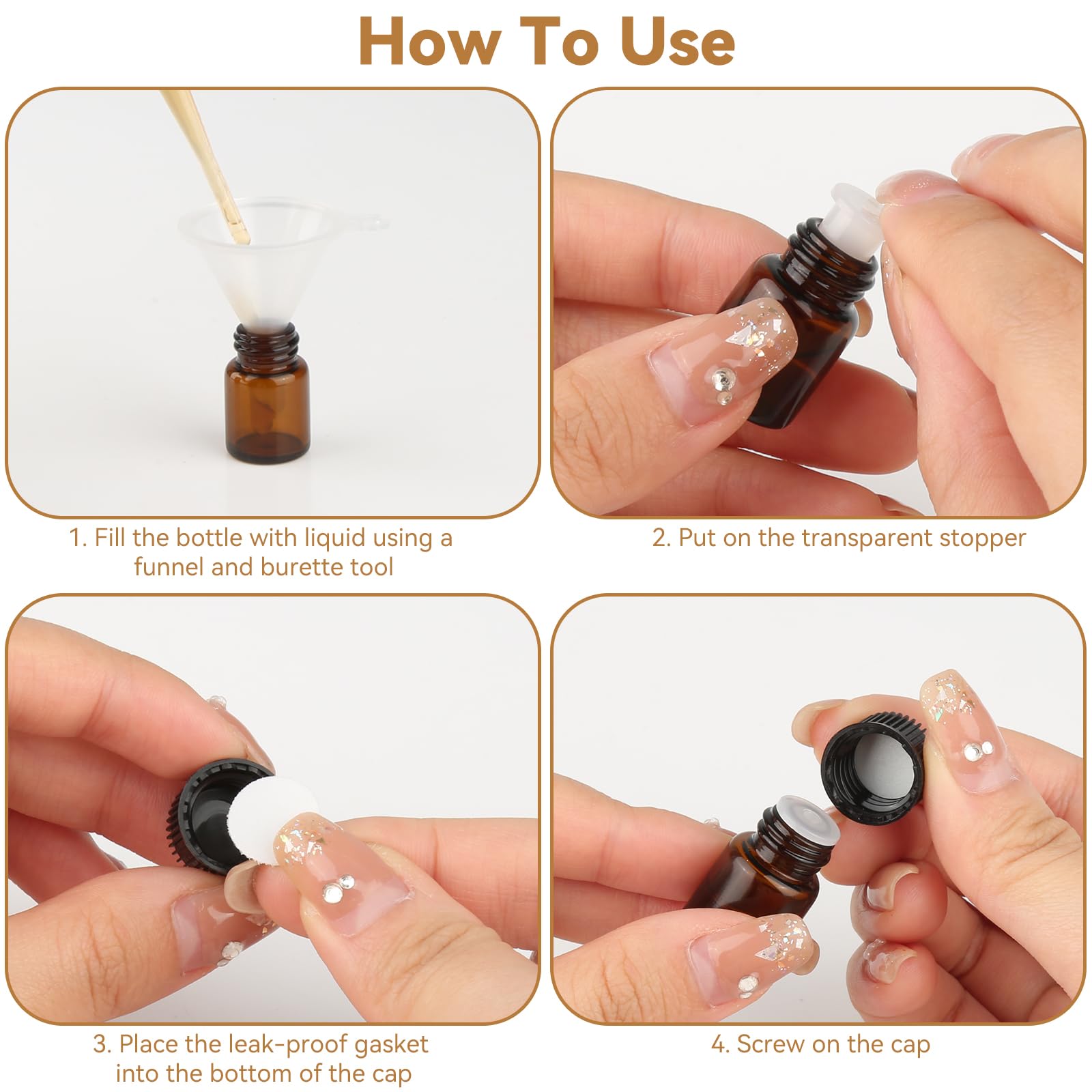 Botes Aceites Esenciales 30 Ámbar 2ml Mini Bottiglia di Vetro Rellenable con Embudos Cuentagotas