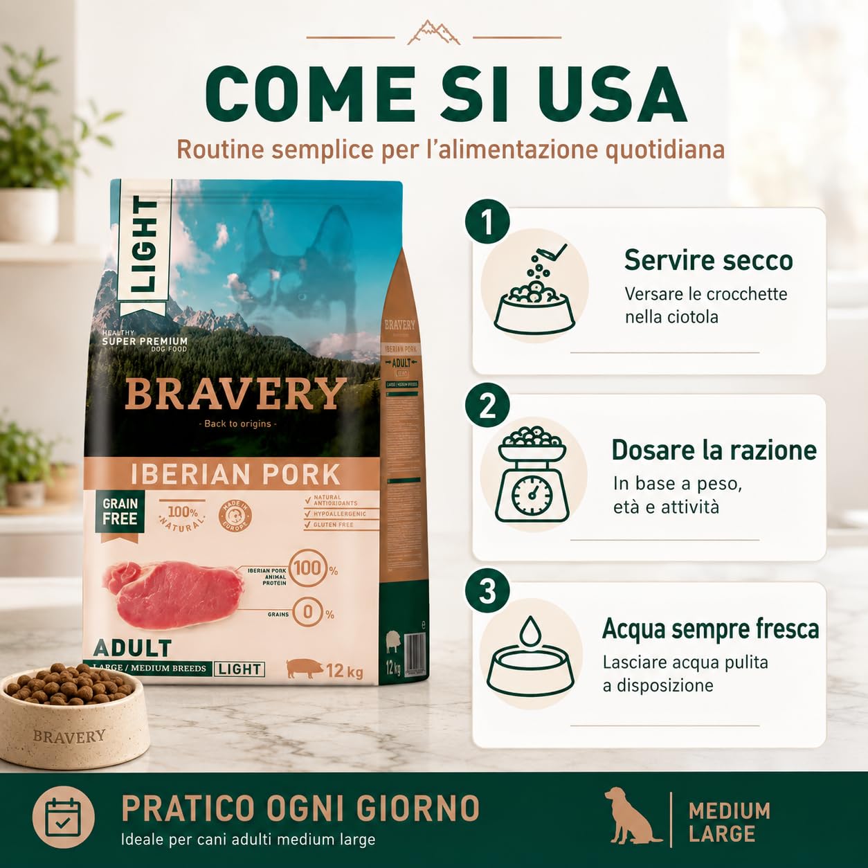 Bravery LIGHT Crocchette Cane Adulto Medium Large 12Kg con Suino Iberico Light, Mangime Secco Grain Free per Cani Sovrappeso o Anziani, Alimento Completo con L-Carnitina e Fibre