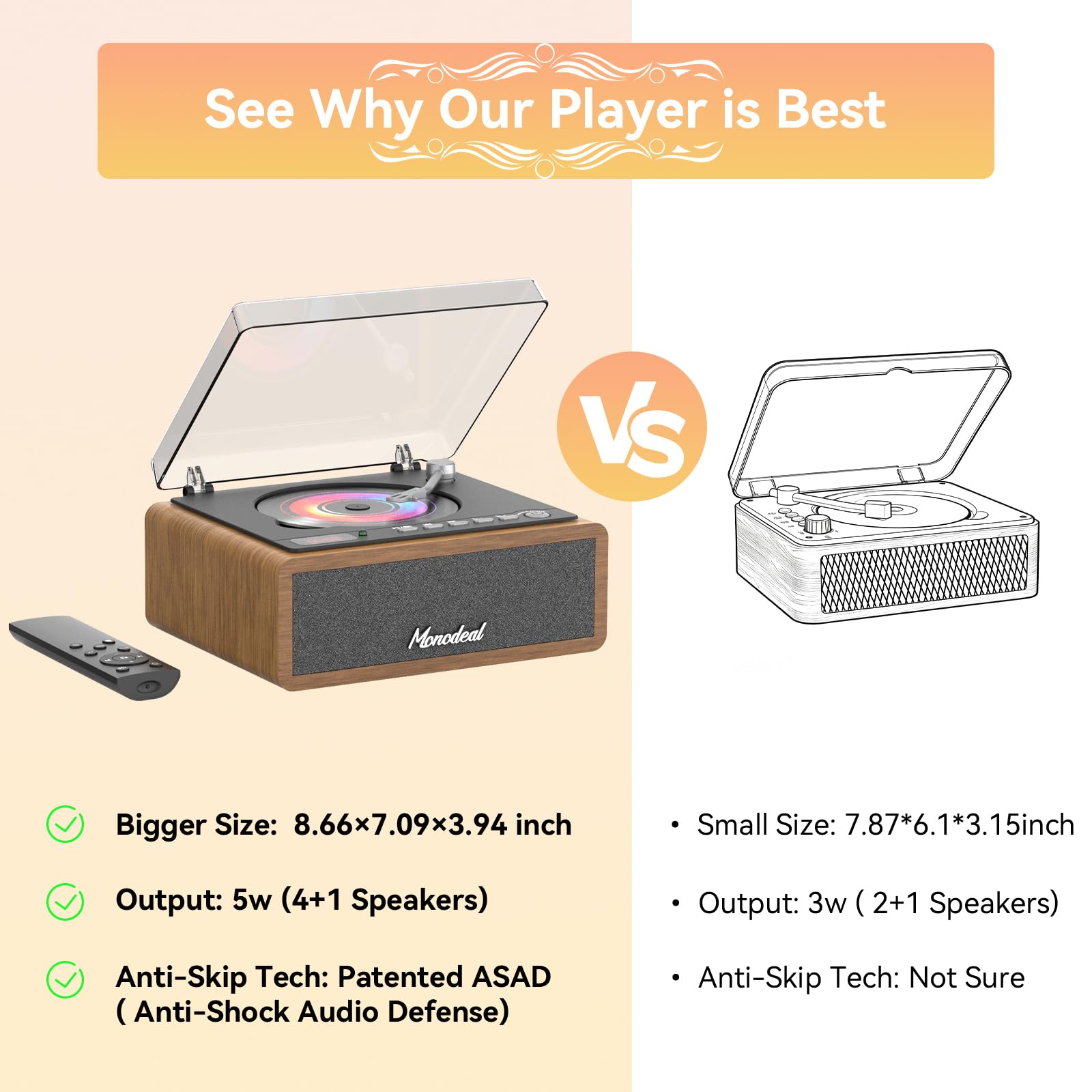 MONODEAl Retro CD Player Bluetooth mit Holz Case, HiFi Bass Boost | Wiederaufladbar Discman mit Fernbedienung und Sleep Timer, CD Player Tragbar mit USB/AUX Wiedergabe