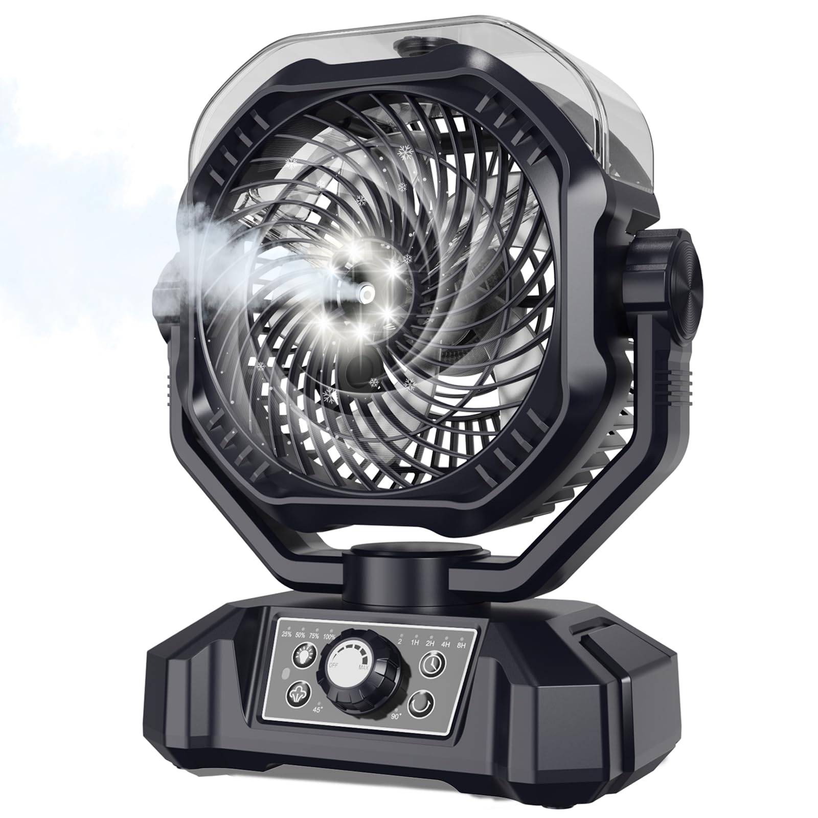 Portable Rechargeable Misting Fan with 12oz Water Tank, Auto Oscillating, Remote, Timer, Light, 8 Speeds, 9-Inch, 20000mAh 120H Battery Powered Mist Fan for Camping, Travel, Worksite, Poweroutage