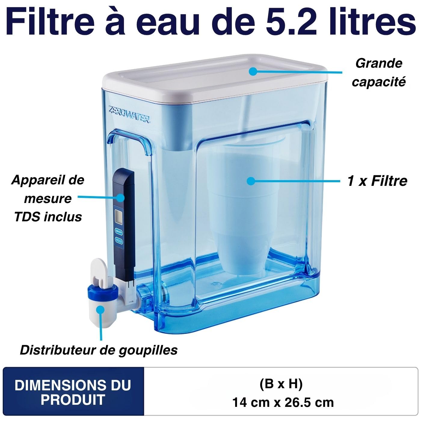 ZeroWater Distributeur de filtre à eau prêt à lire 22 tasses en 5 étapes avec lecture instantanée – Certifié 0 TDS IAPMO pour réduire le plomb, le chrome et le PFOA/PFOS