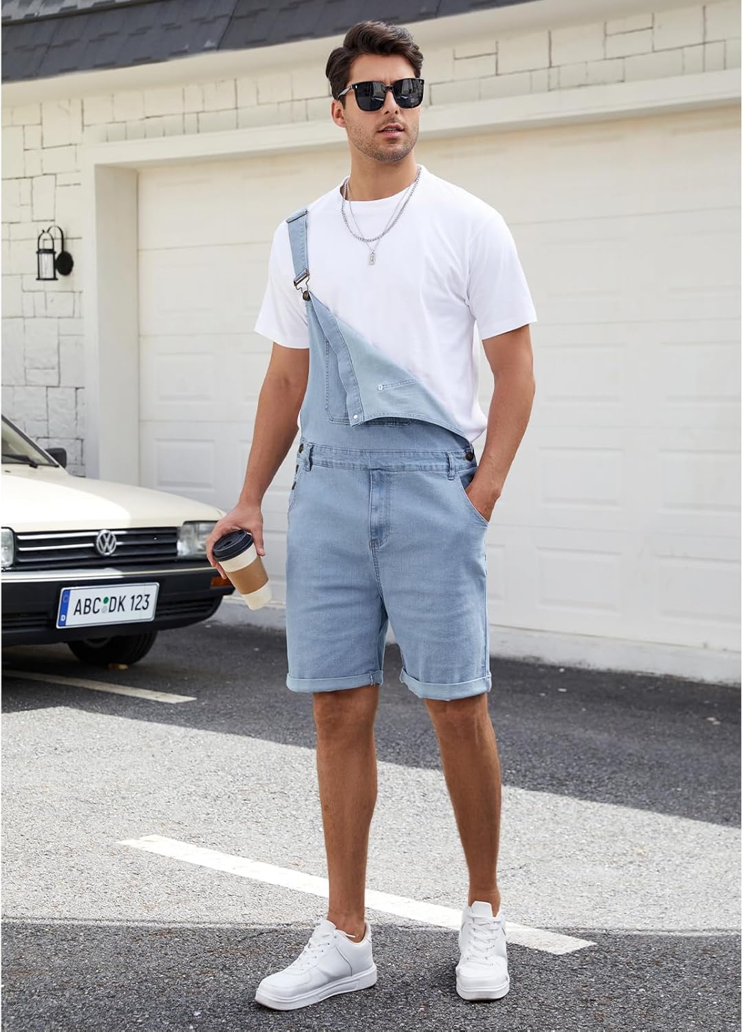 Mens Denim Shorts Bib Overall Jean Romper Casual Loose Fit Walkshort Summer Jumpsuit Coveralls with Zipper - Image 3