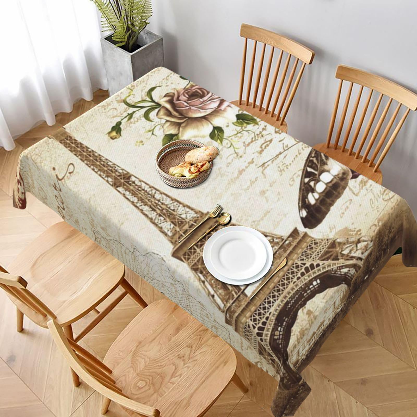 BNVSADC Paris Eiffel Tower Printed Rectangle Tablecloth 228x152 CM, Water Resistant Polyester Table Cloth Decorative Fabric Table Covers for Kitchen Dining Table Parties Camping