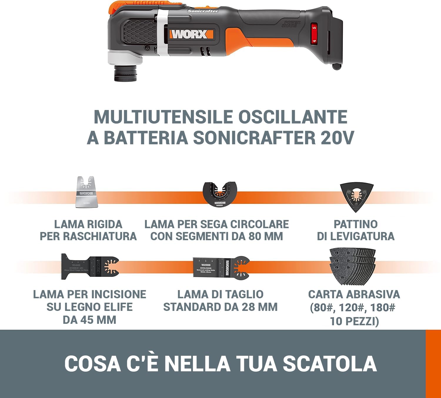 WORX WX696.9 Multiutensile oscillante a batteria Sonicrafter 20V - solo utensile