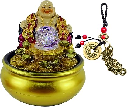 Laughing Buddha Water Fountain - Indoor Tabletop Waterfall with LED Light, Zen Decor for Meditation, Japanese Decor, Feng Shui for Good Luck and Wealth