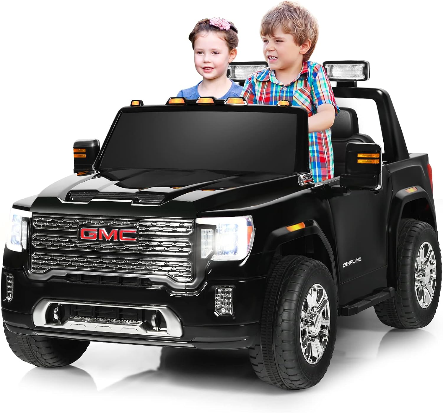 Costzon 2 Seater Ride on Truck, 12V Licensed GMC Battery Powered Car w/Remote Control, LED Lights, Horn, Music, MP3/USB, Storage Box, Spring Suspension, Electric Vehicle for Kids (Black)