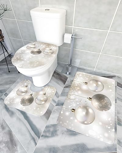 Miniatura 3 de Fancyine Juego de alfombras de baño de 3 piezas, bolas de Navidad plateadas, suaves, antideslizantes, juego de alfombras de baño absorbentes, fundas