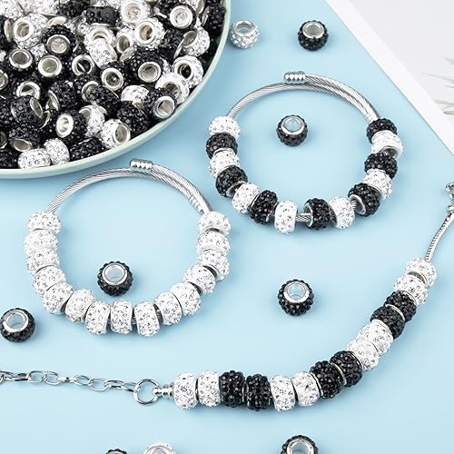 Miniatura 6 de 200 cuentas espaciadoras europeas de agujeros grandes, cuentas de artesanía europeas negras con diamantes de imitación, cuentas de jardín de hadas