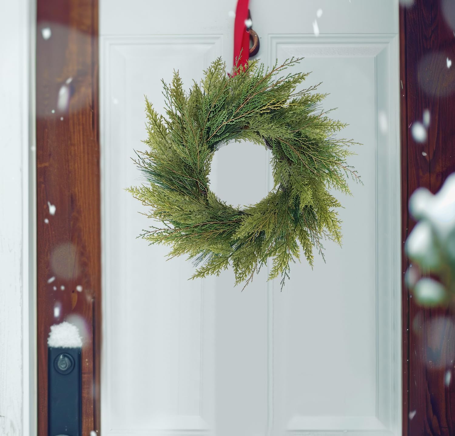 20” Green Faux Norfolk Pine Christmas Winter Wreath – Mixed with Real Touch Fake Cypress, Cedar & Spruce, Xmas Wreaths for Front Door Porch Mantel & Fireplace - Image 2
