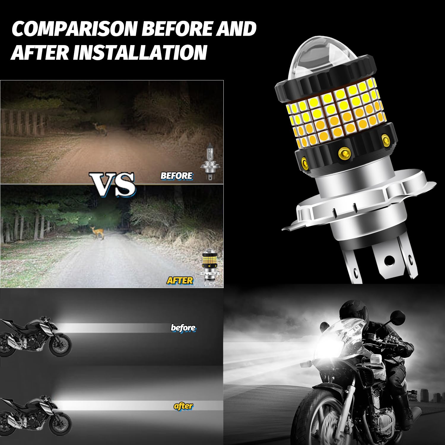 Teguangmei H4 LED-koplampen, verbeterde echte 360 ° 9003 motorfiets lampen 85SMD 12 W 12-80 V geel wit Hi/Lo Beam HB2 LED-verlichting, Plug and Play