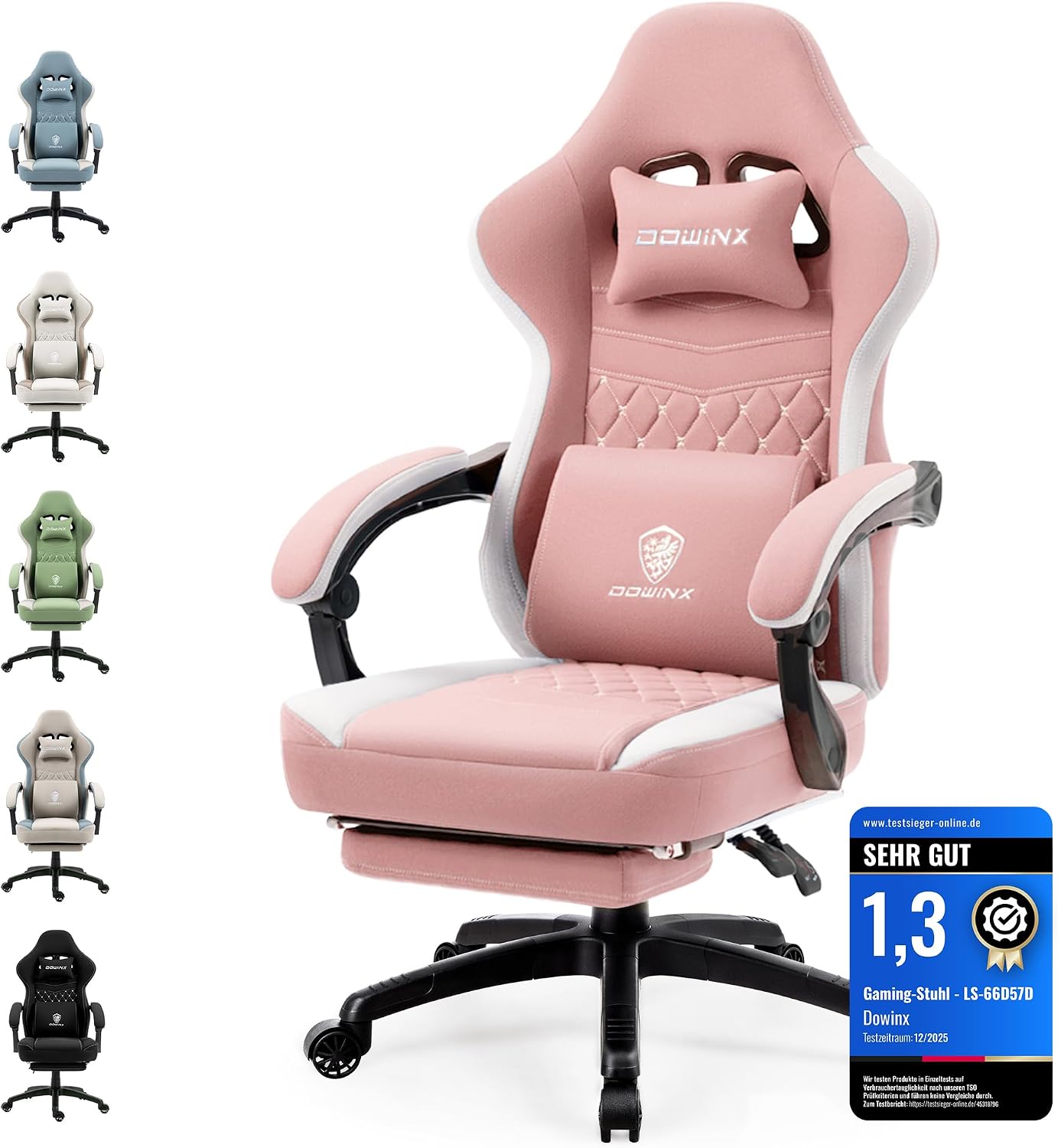 Dowinx Gaming Stuhl mit Taschenfederkissen, Verstellbarer Gaming Sessel mit Fußstütze, Ergonomischer Racing Gamer Stuhl 150 kg belastbarkeit, Rosa