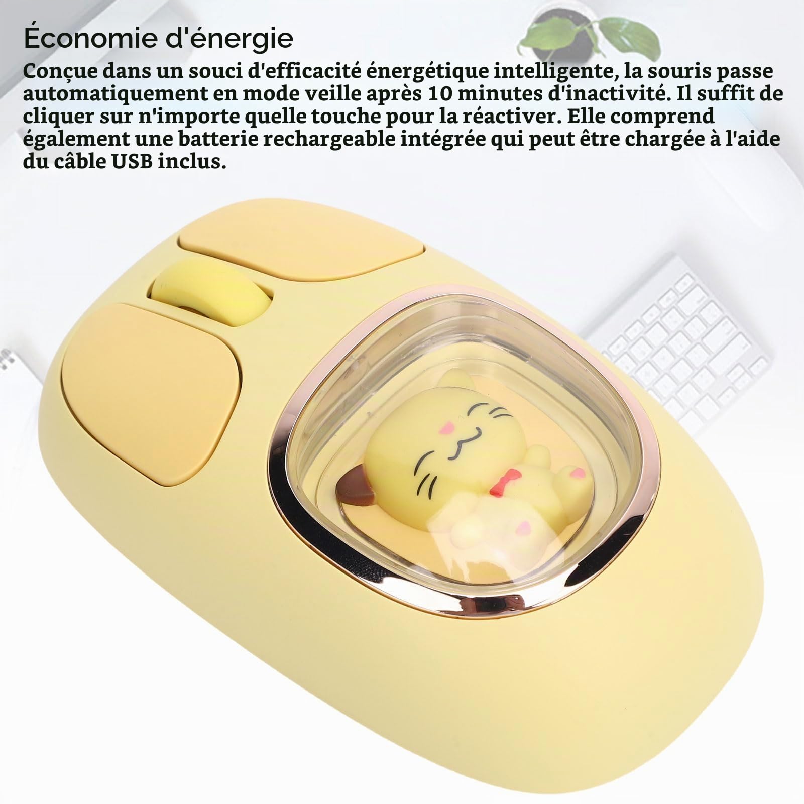 Souris sans Fil, 2,4g BT3.0 BT5.0 Souris D'ordinateur Portable Rechargeable avec Design Silencieux, Forme Ergonomique, Rétro-éclairage RGB, Conception de Poupée Mignonne (Yellow)