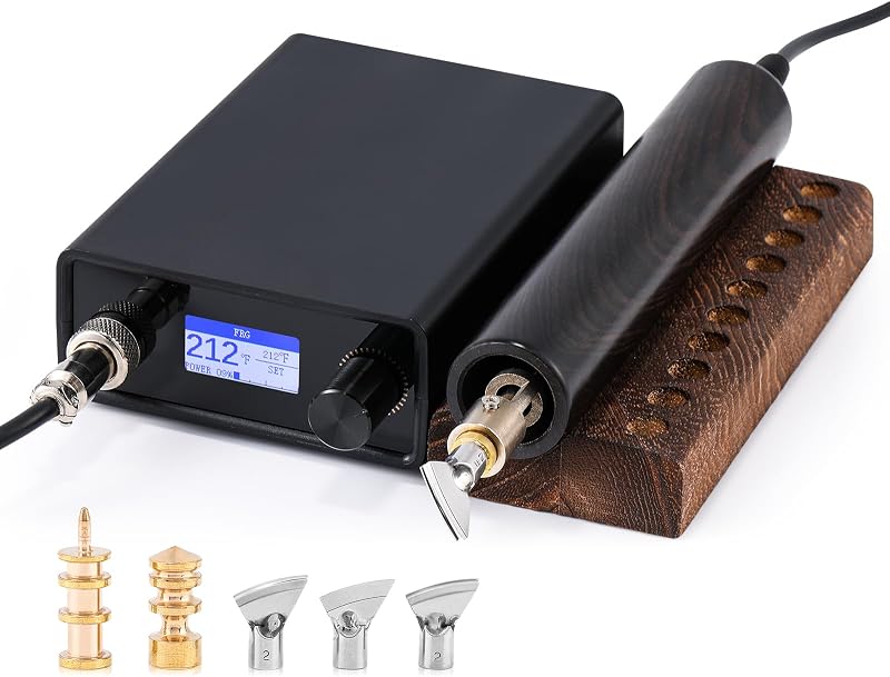 Máquina plegadora de cuero con calor eléctrico Flyrivergo, 140-932 ℉ con puntas de 5 piezas | Herramienta para plegar y ribetear bordes de cuero, base de madera, temperatura ajustable para bricolaje y trabajo profesional en cuero