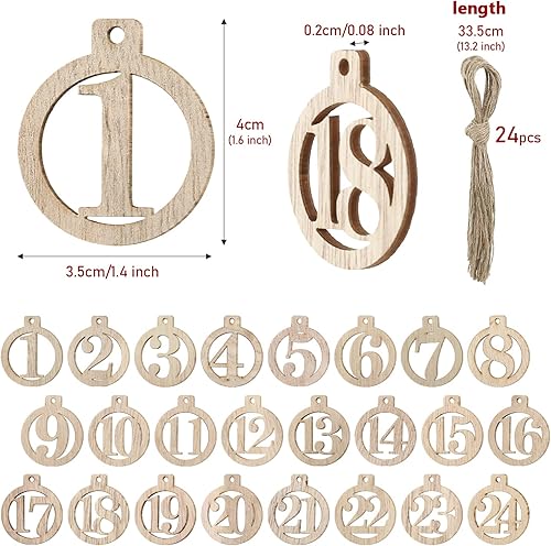 Miniatura 2 de GWHOLE Número de madera del 1 al 24 con cuerda para calendario de Adviento de Navidad, cuenta regresiva, número inacabado, piezas de madera,