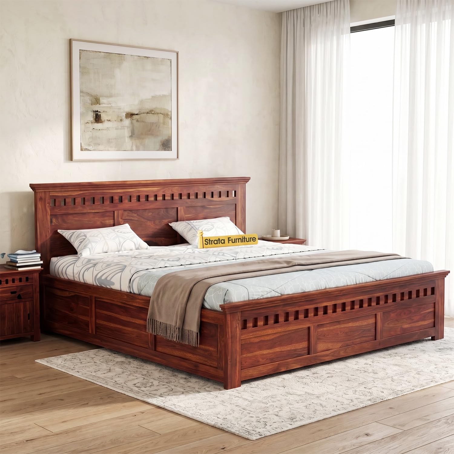 STRATA FURNITURE Sheesham Wood Double Bed with Box Storage