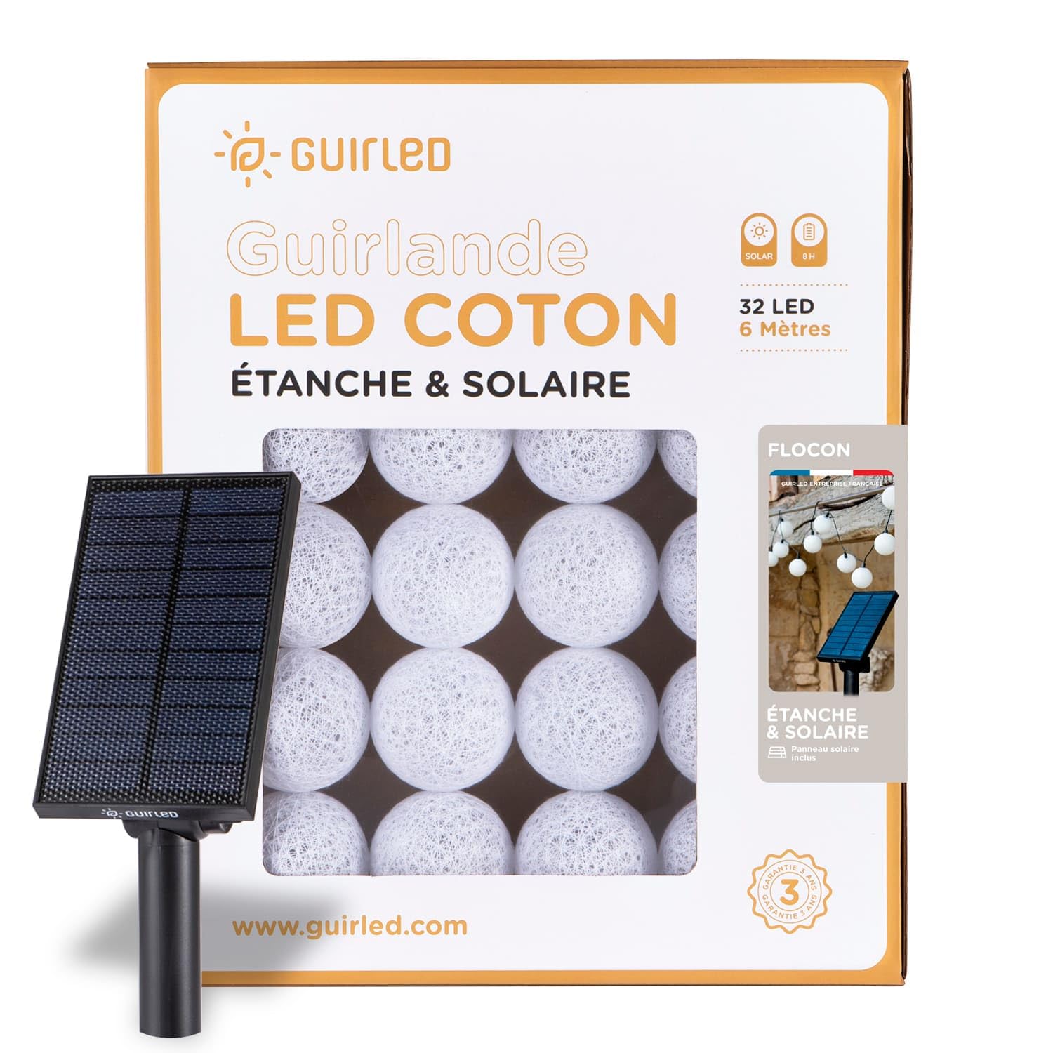 GuirLED - Solar Lichterkette Außen Kugeln LED - Wasserdicht IP55 - Automatisches EIN/AUS - 32 Kugeln 6 m- Flocon