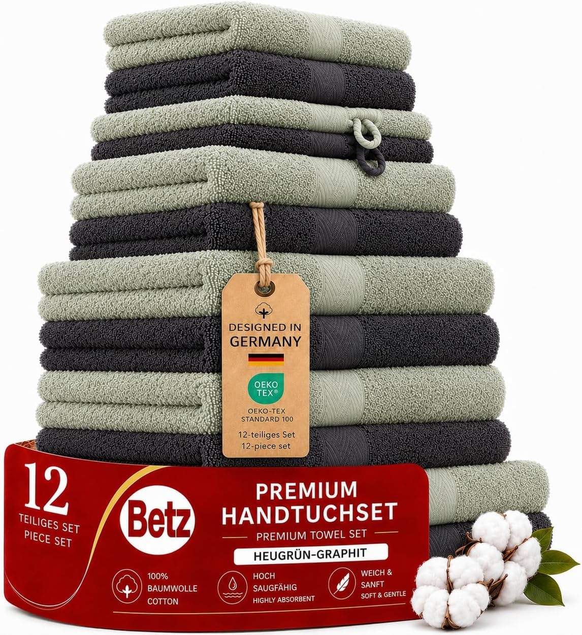 Betz Lot de 12 Serviettes Premium 2 draps de Bain 4 Serviettes de Toilette 2 Serviettes d'invité 2 lavettes 2 Gants de Toilette 100% Coton Couleur Graphite & Vert Foin