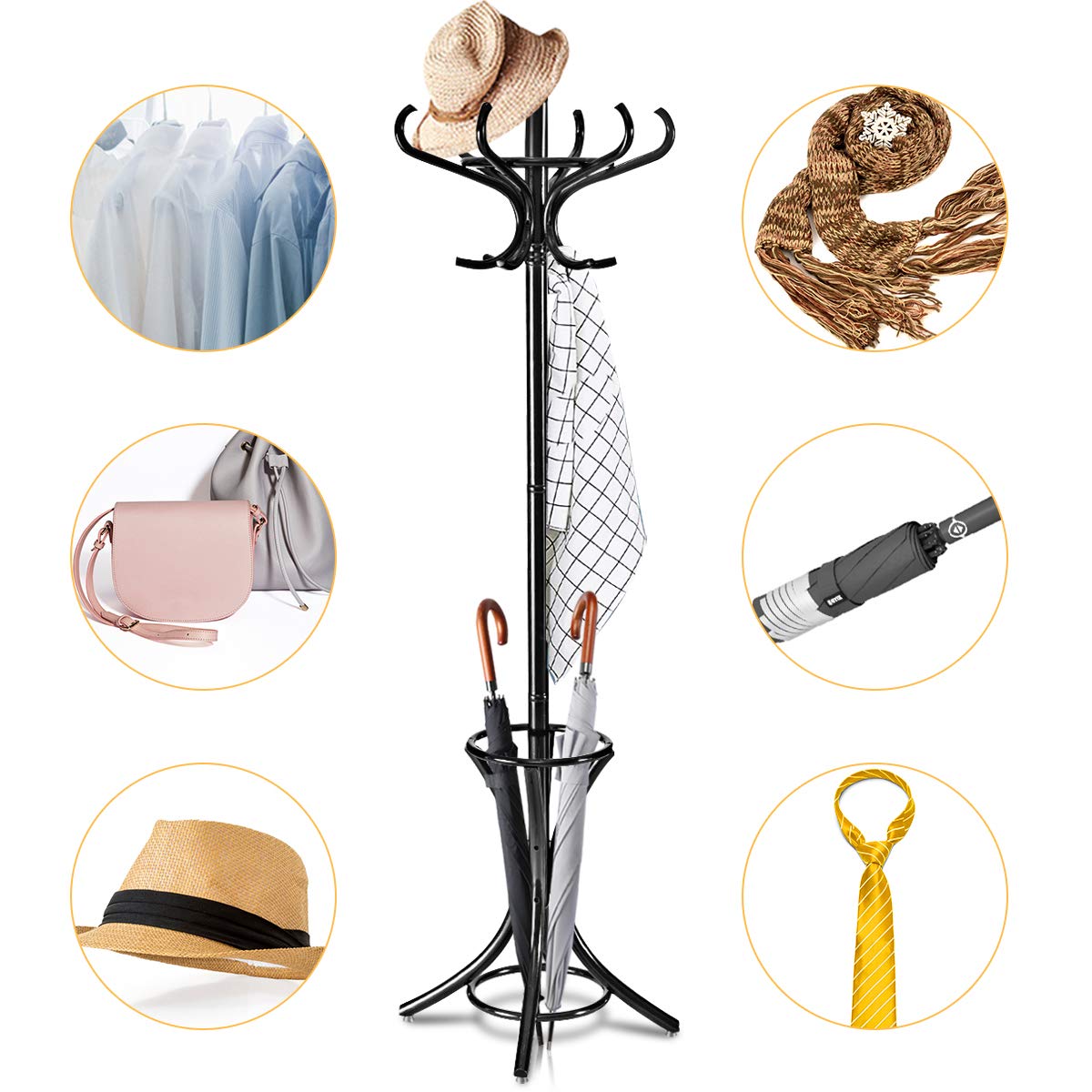 GREENSTELL Wooden Coat Rack Stand With 8 Hooks And Tray