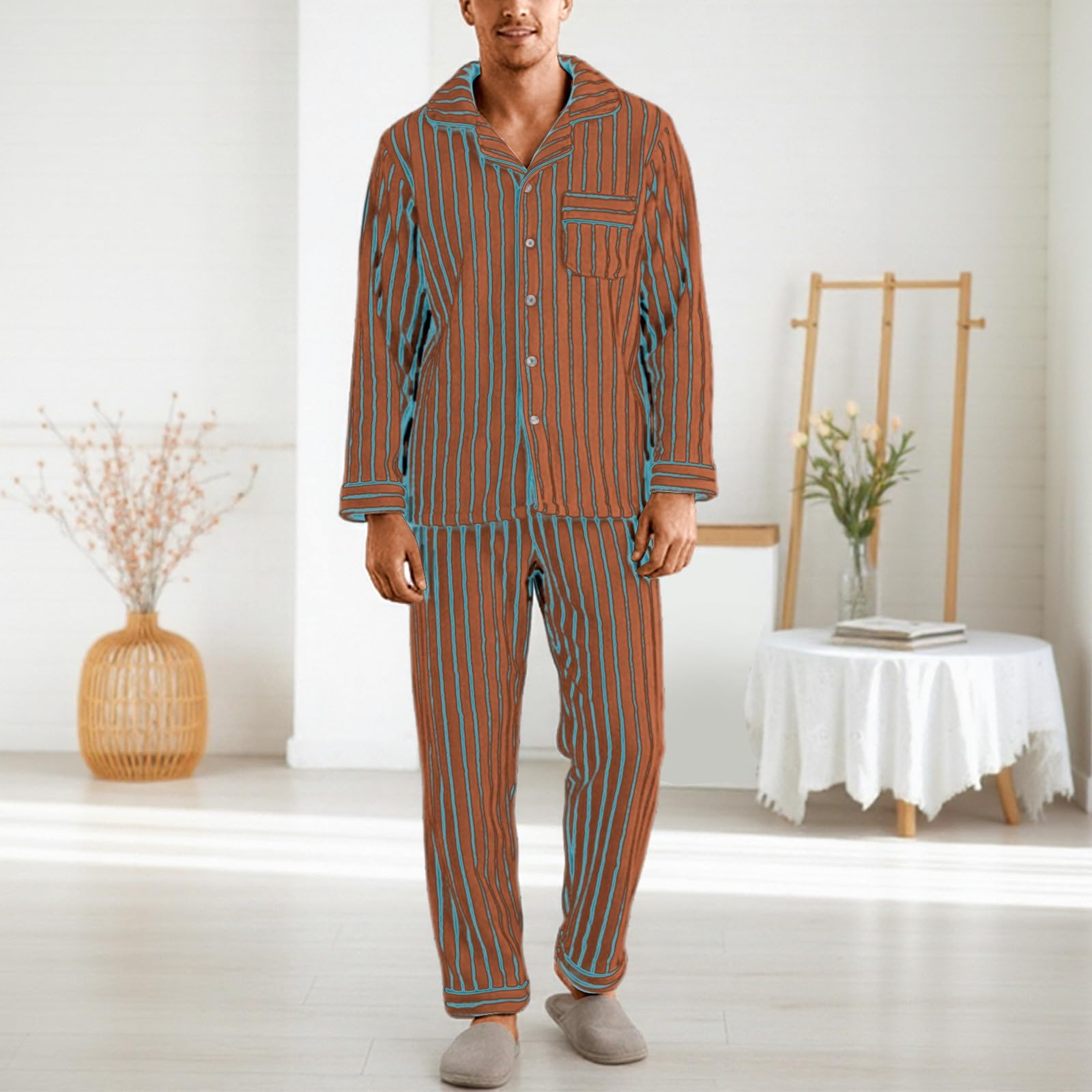 Pigiama da uomo, lungo, invernale, a maniche lunghe, in due pezzi, per pigiama, 2 pezzi, morbido, da notte, set da notte