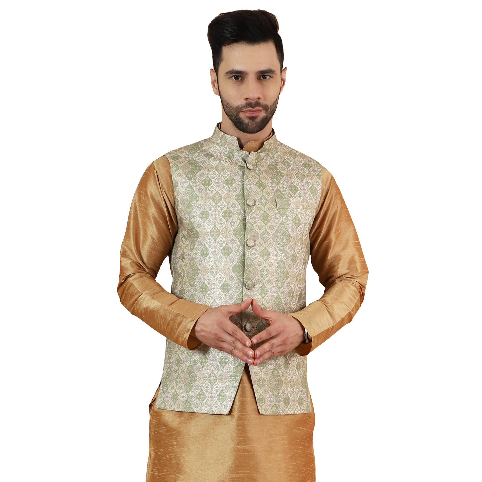 wintage Men's Digital Print Cotton Silk Green Modi Nehru Jacket-picture-18