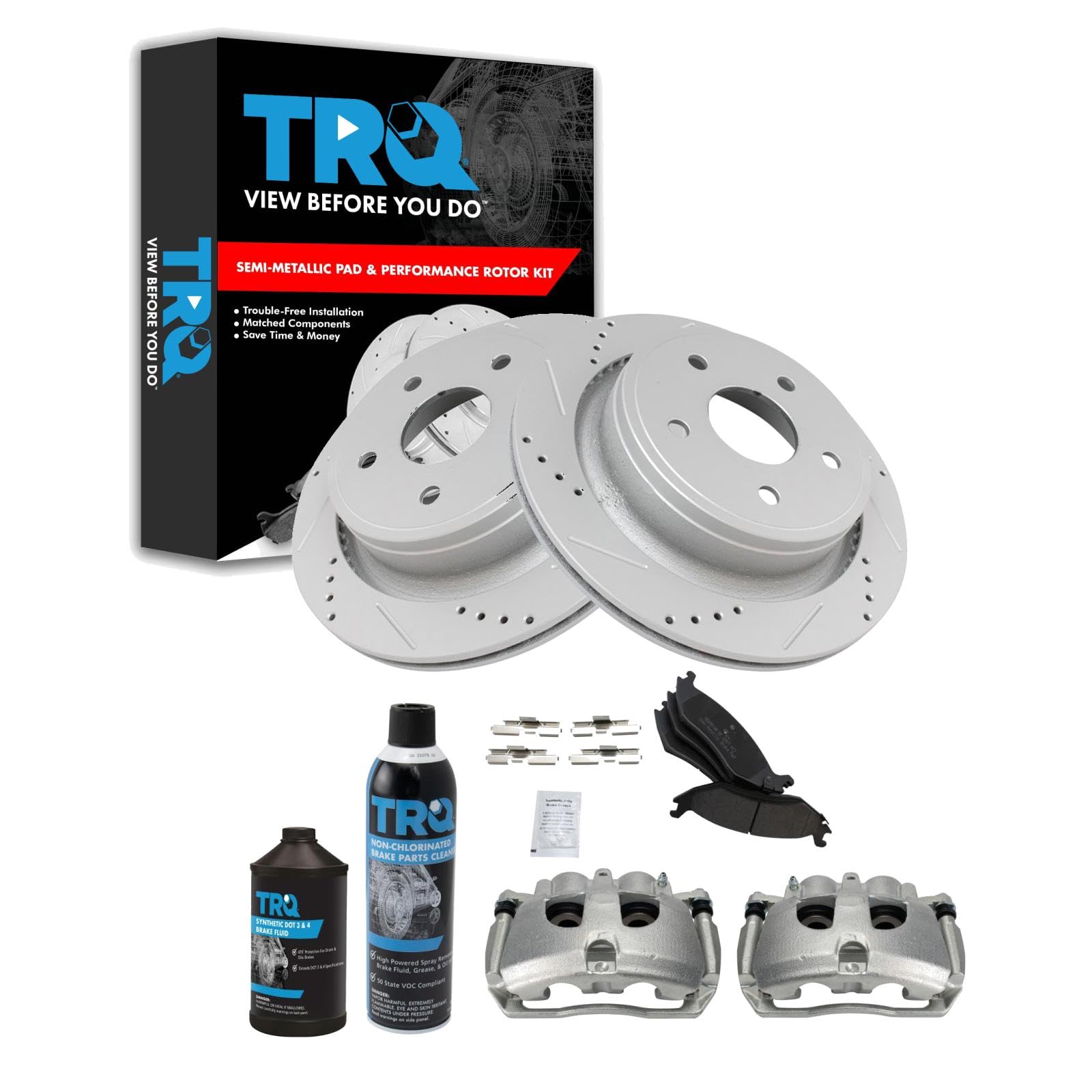 TRQ Rear Performance Brake Pad, Caliper, &amp; Rotor Kit, with Chemical Kit Semi-Metallic Premium G-Coated Compatible with 2012 Ram 1500