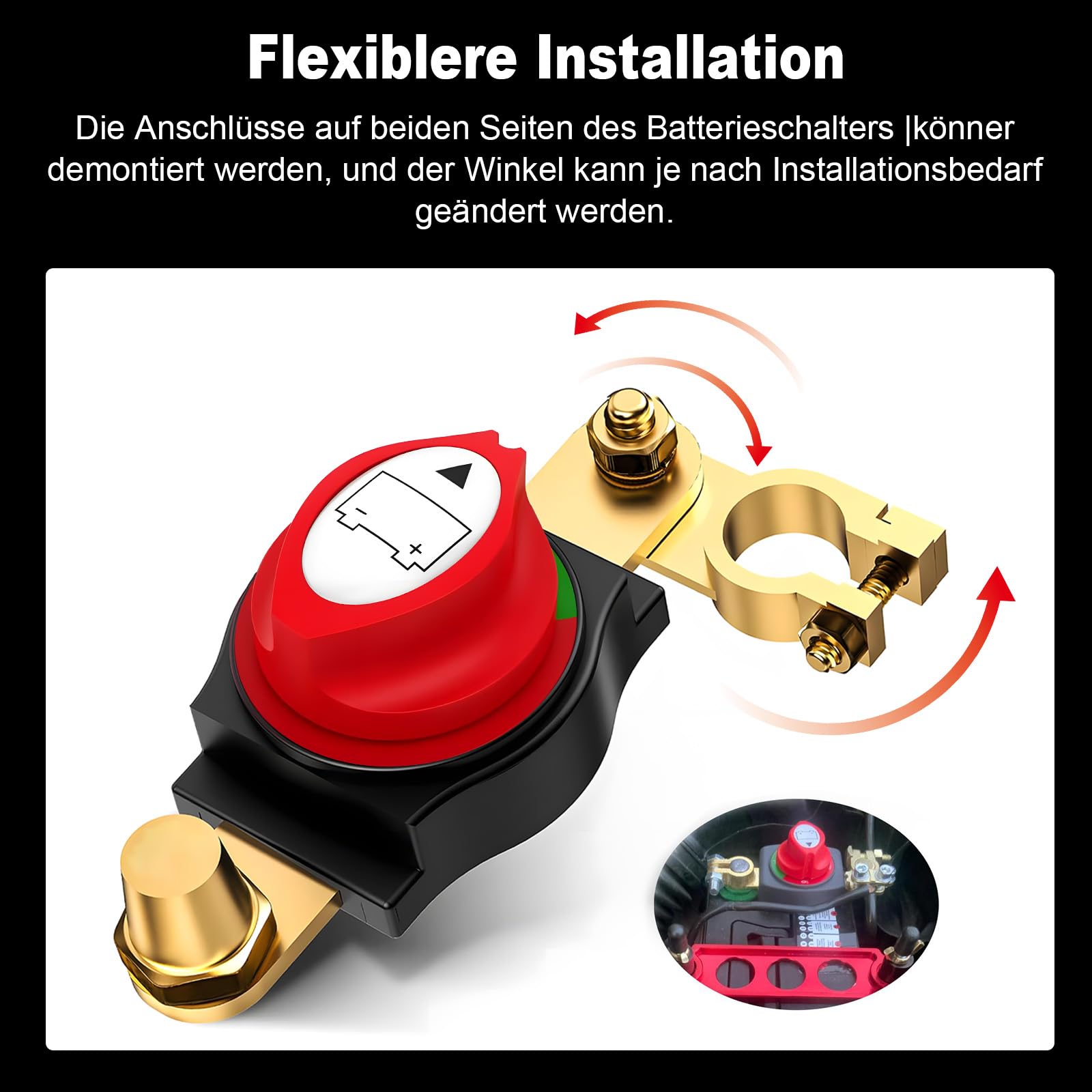 Autobatterie Trennschalter 12V-48V 200A, 180° drehbarer Batteriehauptschalter ON-OFF mit Flammhemmendem Gehäuse für Auto LKW Boot Wohnwagen Motorrad