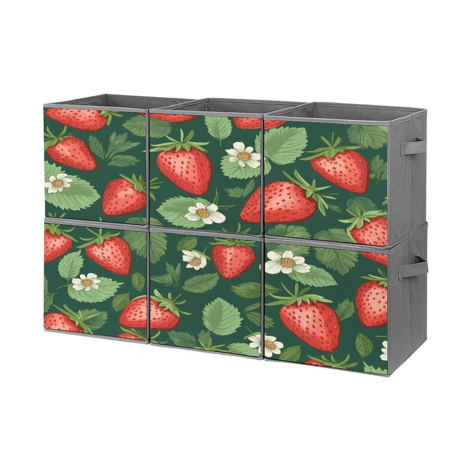 Fekiloot Style Fresh Strawberries And Leaves Storage Bin For Foldable And Handles,Closet Organizer Of 6-Pack Stackable,Storage Box For Living,Room, Office,Bedroom,Closet