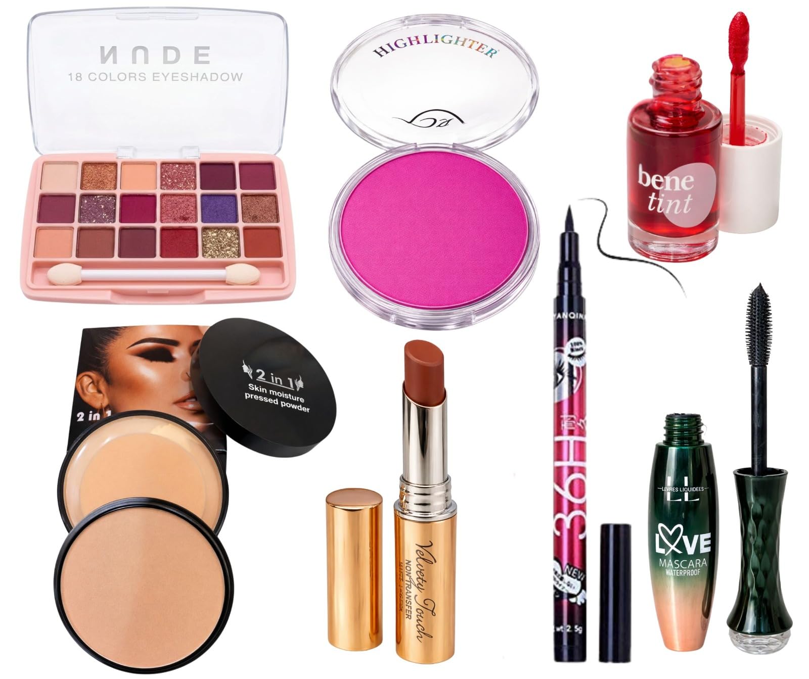 7-Piece Full Makeup Combo Set – 18-Color Eyeshadow Palette, 2-in-1 Dual Layer Pressed Powder, Rose Pink Highlighter, Red Liquid Lip & Cheek Tint, Waterproof Mascara, 36H Precision Eyeliner & Matte Lipstick-image-4