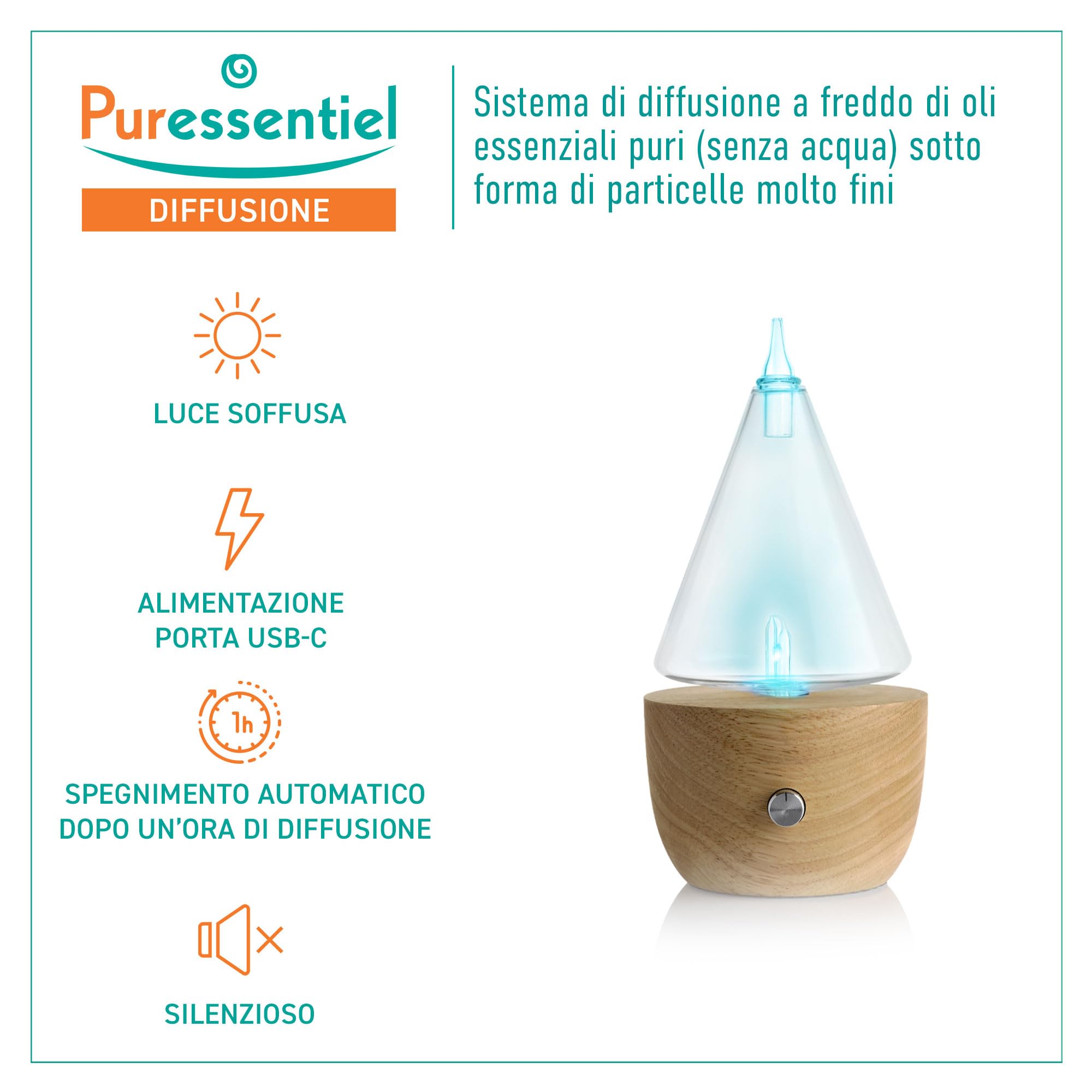 Puressentiel Diffusore a Nebulizzazione I'Conic, per Oli Essenziali, con Luci d'Atmosfera Colorate, Realizzato con Materiali Sostenibili, Piccolo e Compatto