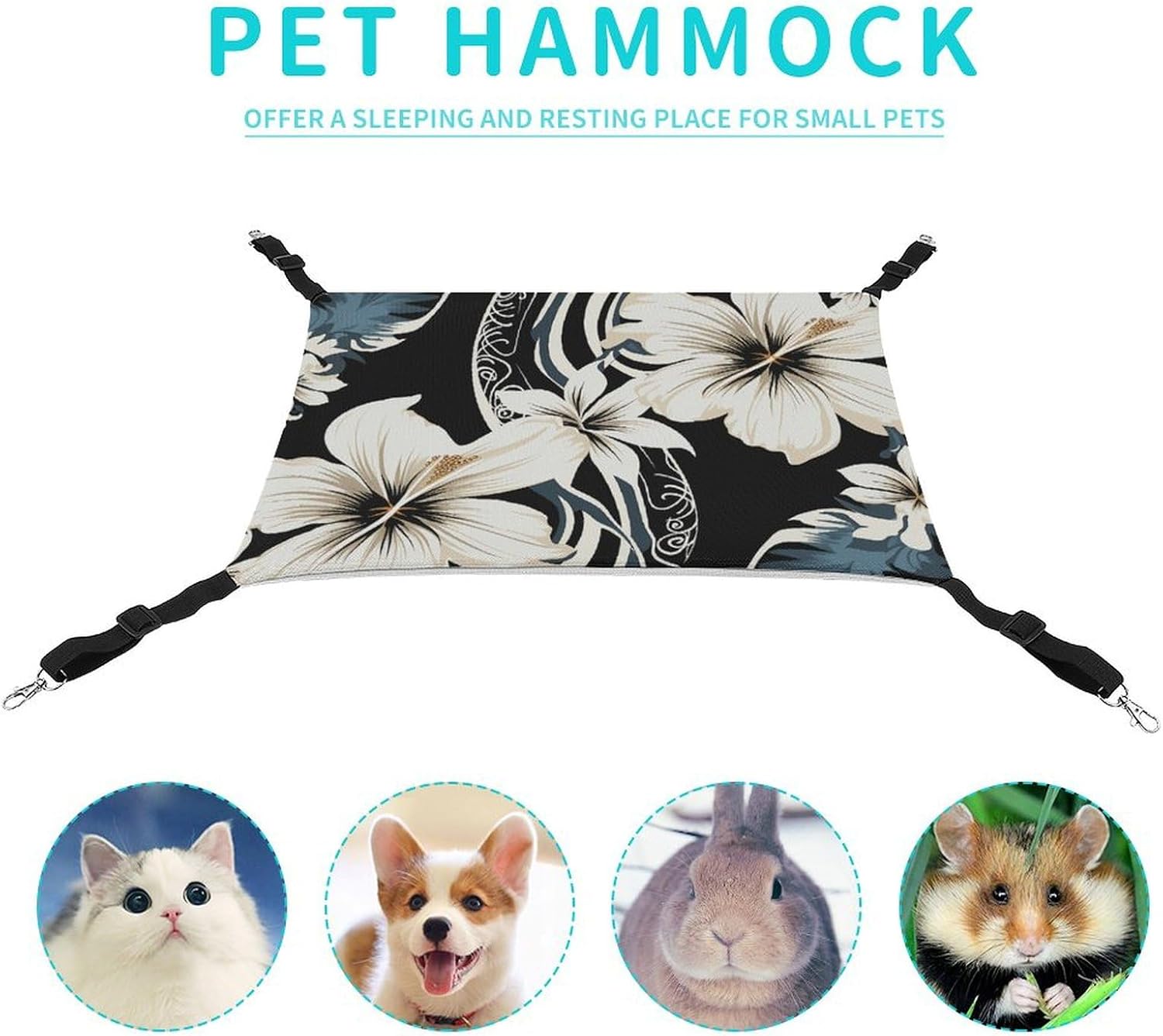 review Hanging Pet Hammock, Black and White Hawaiian Flowers Printed Soft Breathable Pet Hammock with Adjustable Straps and Metal Hooks for Cats Small Dogs Rabbits Sugar Gliders