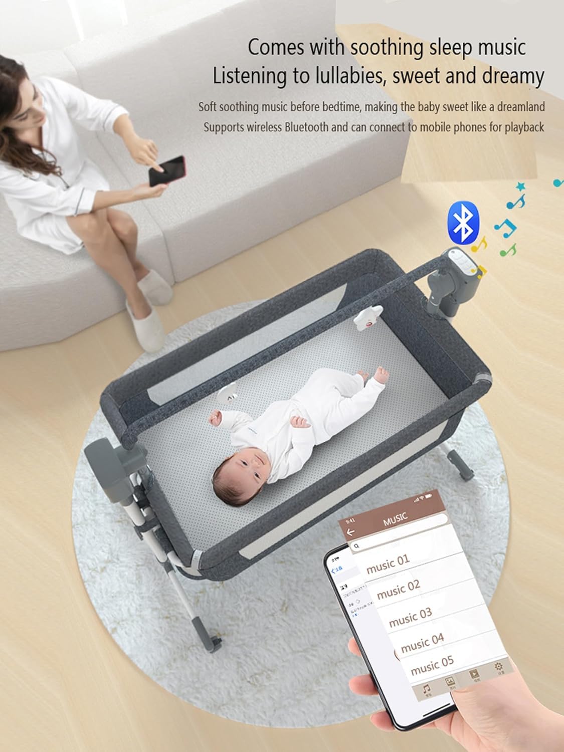Moisés de noche para bebé, cuna portátil 4 en 1 con columpio automático, control remoto, altura ajustable, modos multiescena, temporizador de 8/15/30 minutos (beige)