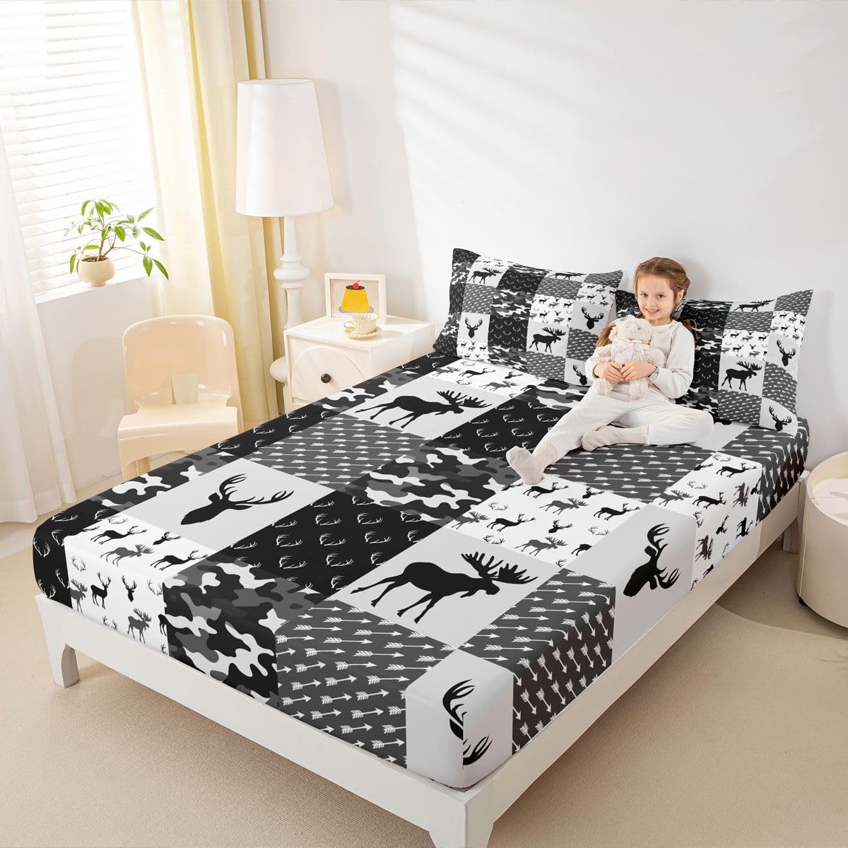 Deer Fitted Sheet for Boys, Grey Black Camo Bedding Set Boho Antlers Silhouette Bed Sheet Kids Teens Camouflage Grunge Arrows Pattern Fitted Bed