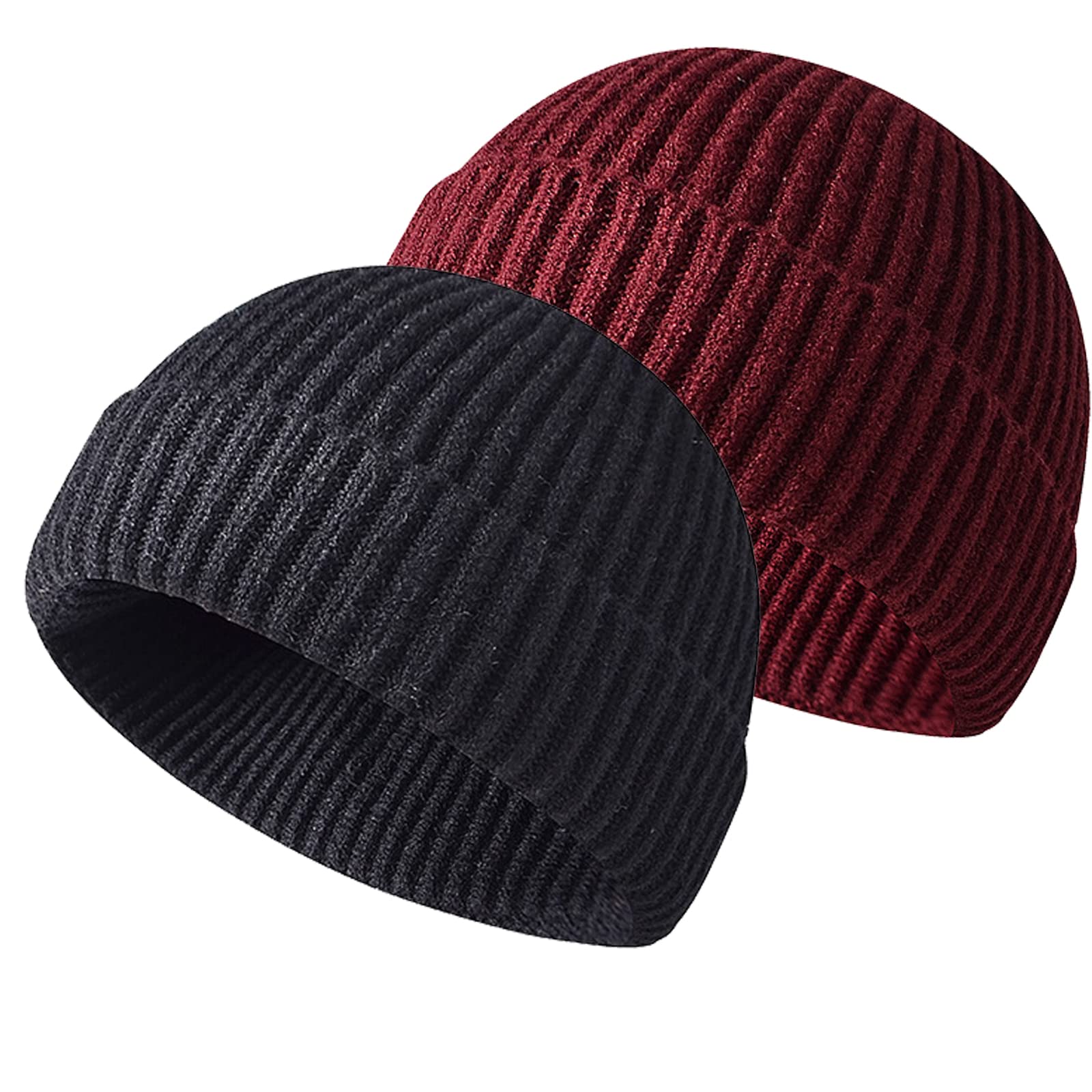 Winter Beanie Hat, Roll up Edge Skullcap Fisherman Beanie, Unisex Soft & Stretchable Cuffed Plain Knit Hipster Docker Winter Hat (Z-Black+Claret)