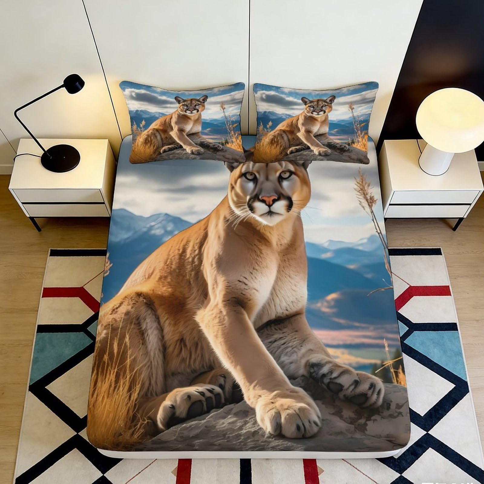 3D Printed Mountain Cougar Fitted Sheet Microfiber Anti-Slip Wildlife Bed Cover for Bedroom Guest Room Mattress Decor 140x200x25cm