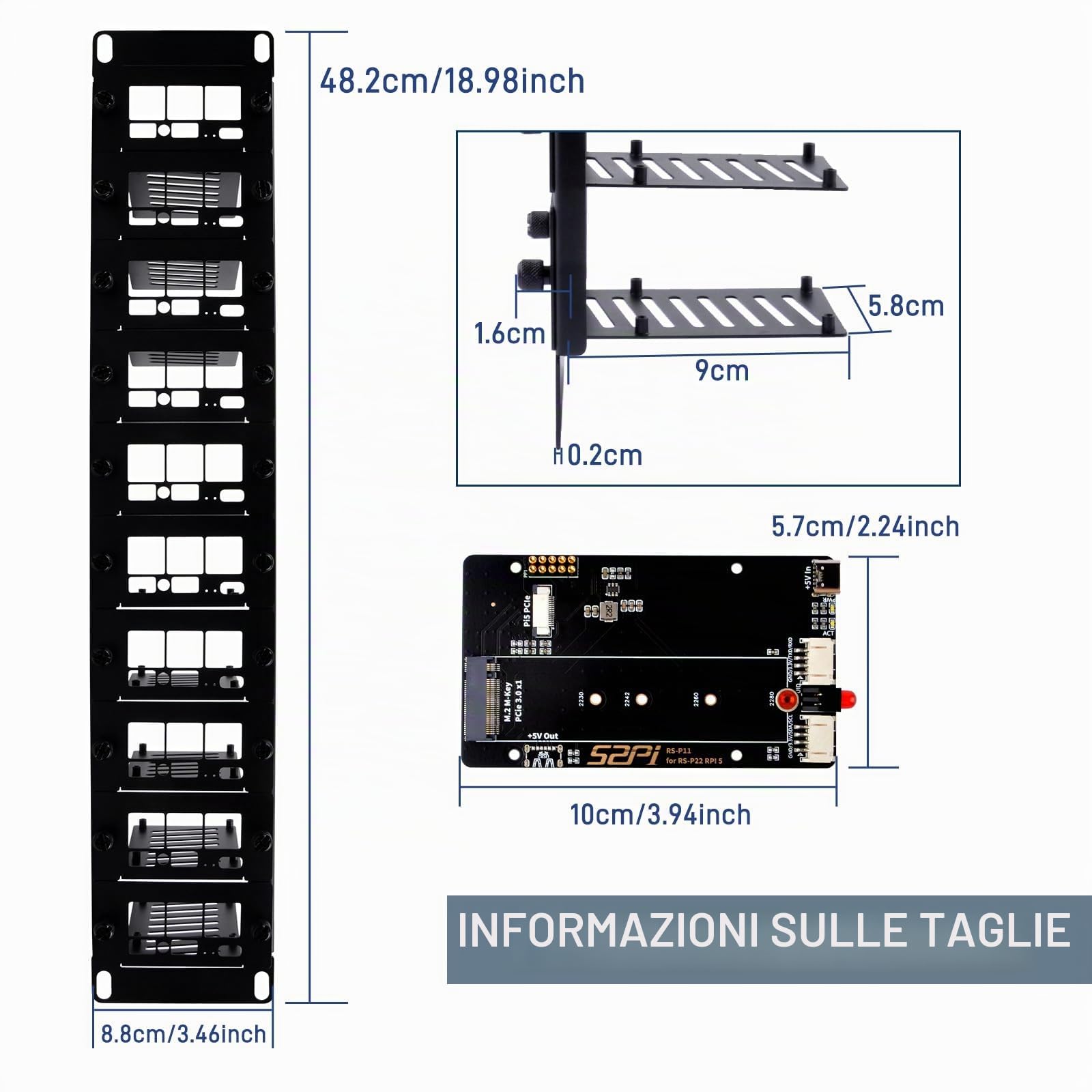 GeeekPi Supporto rack 2U da 19" per Raspberry Pi 5, con 10 adattatori SSD PCIe a M.2 NVMe, può contenere fino a 10 schede Raspberry Pi 5/4B, compatibile con server rack da 19"