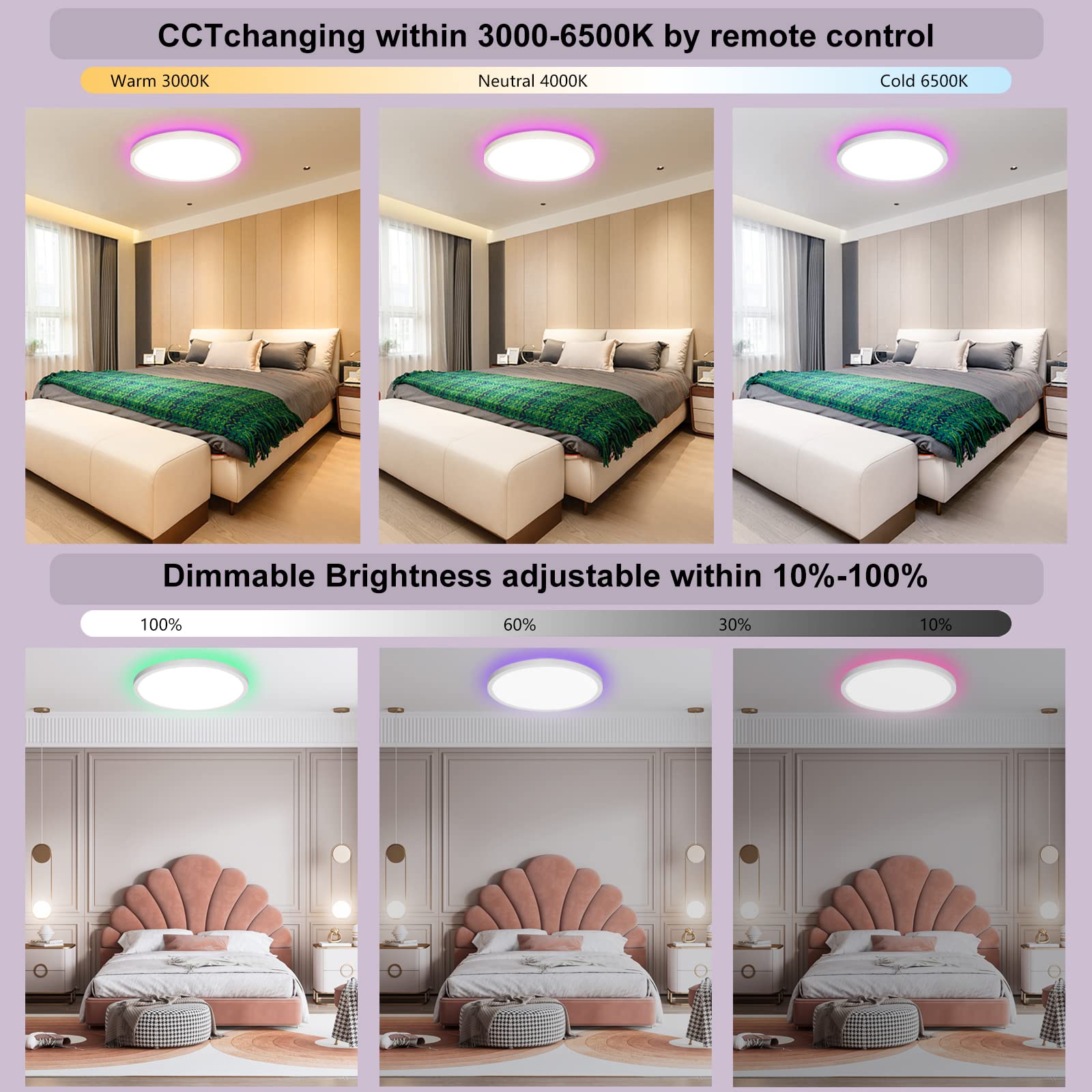 Luz de techo LED, con control remoto, luz ajustable 24w 3000k - 6000k, luz impermeable ip54, con retroiluminación rgb 7, adecuada para baño, cocina, vestíbulo, dormitorio, habitación infantil