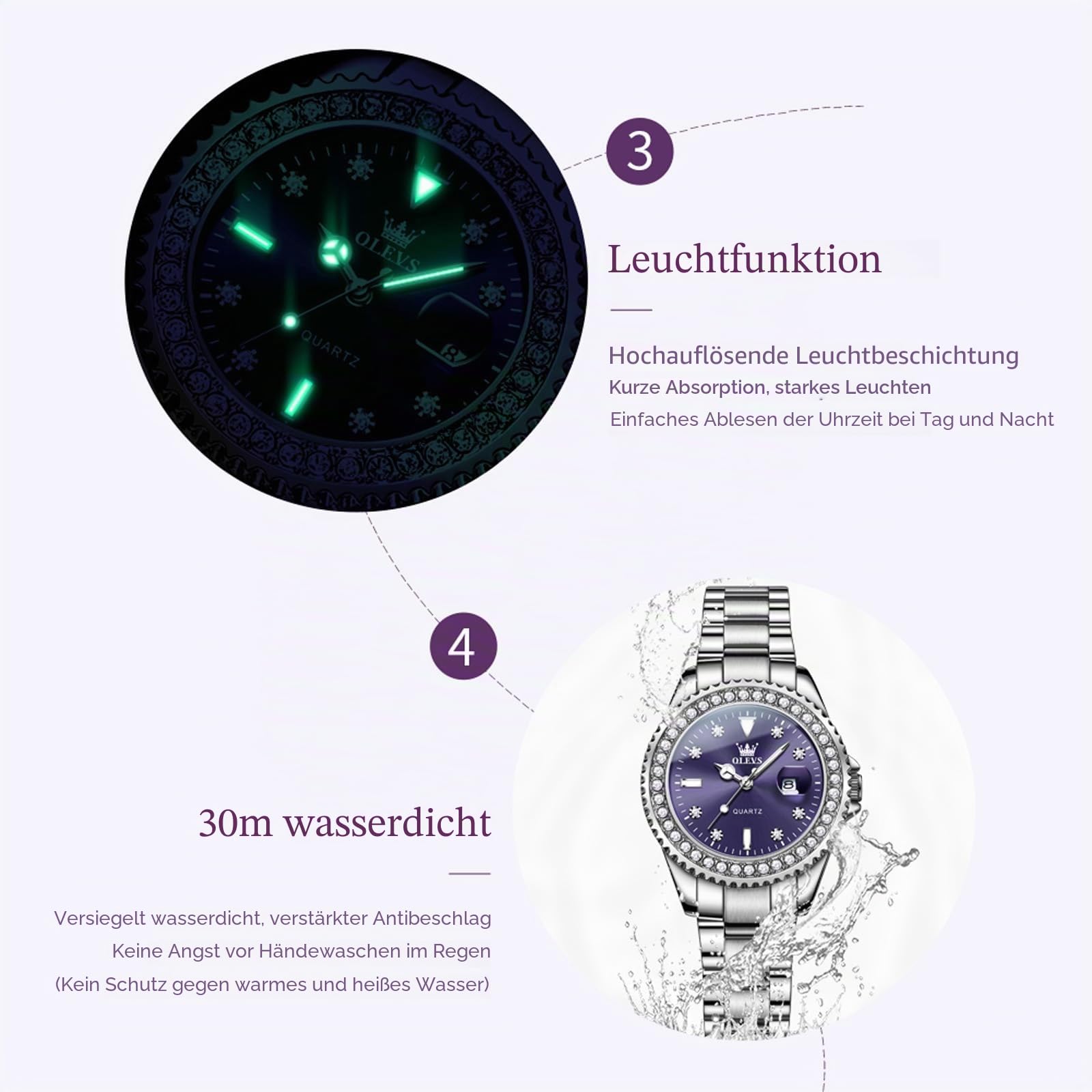 OLEVS Damen-Armbanduhr, kleines Handgelenk, Rotgold, Diamant-Zifferblatt, Quarzuhr, modisch, nachtleuchtend, wasserdicht, analoge Uhr für Frauen