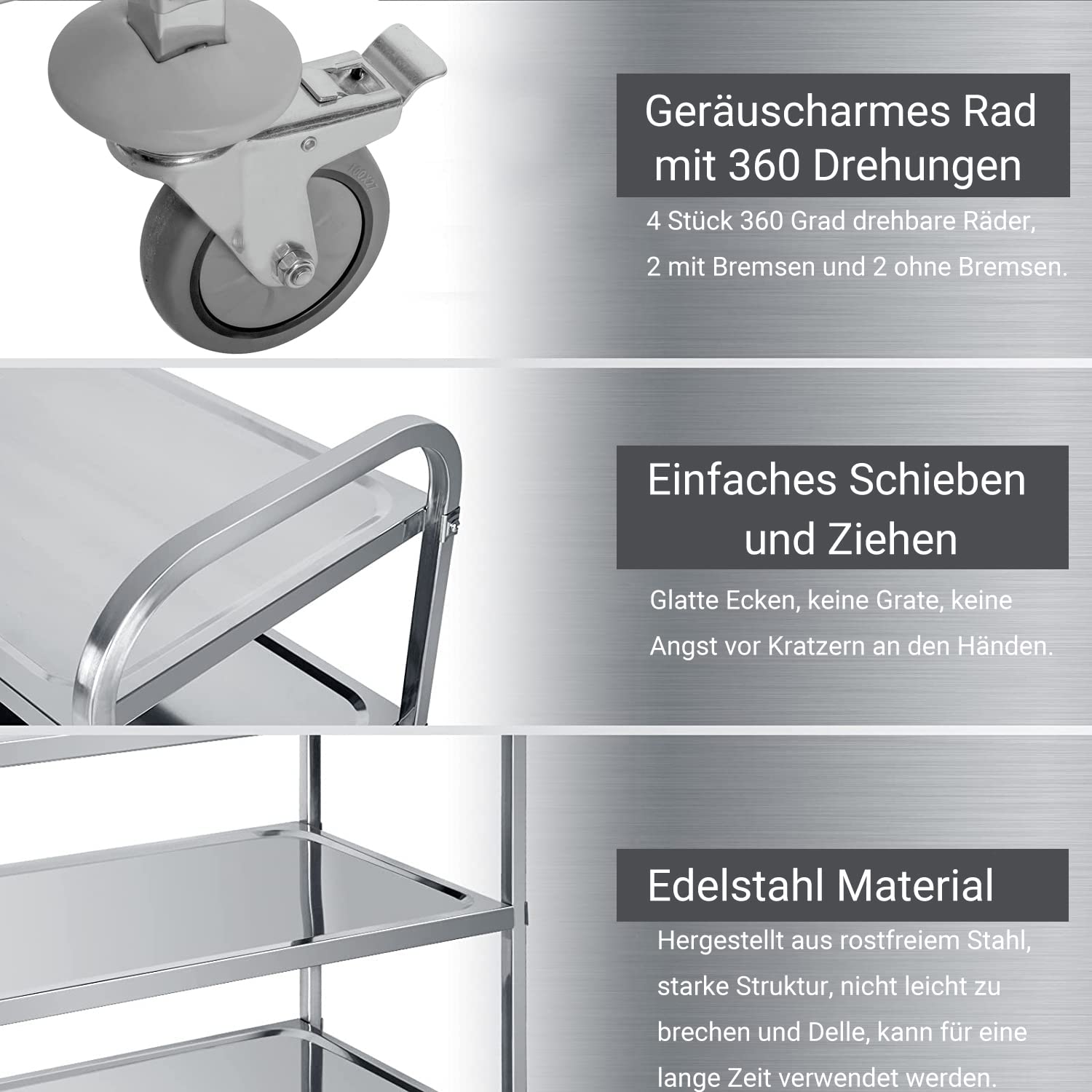 carrello da cucina a 3 ripiani, in acciaio inox, 950 x 950 x 500 mm, multiuso, con ruote e freno, per hotel, ristoranti, cucine, camere