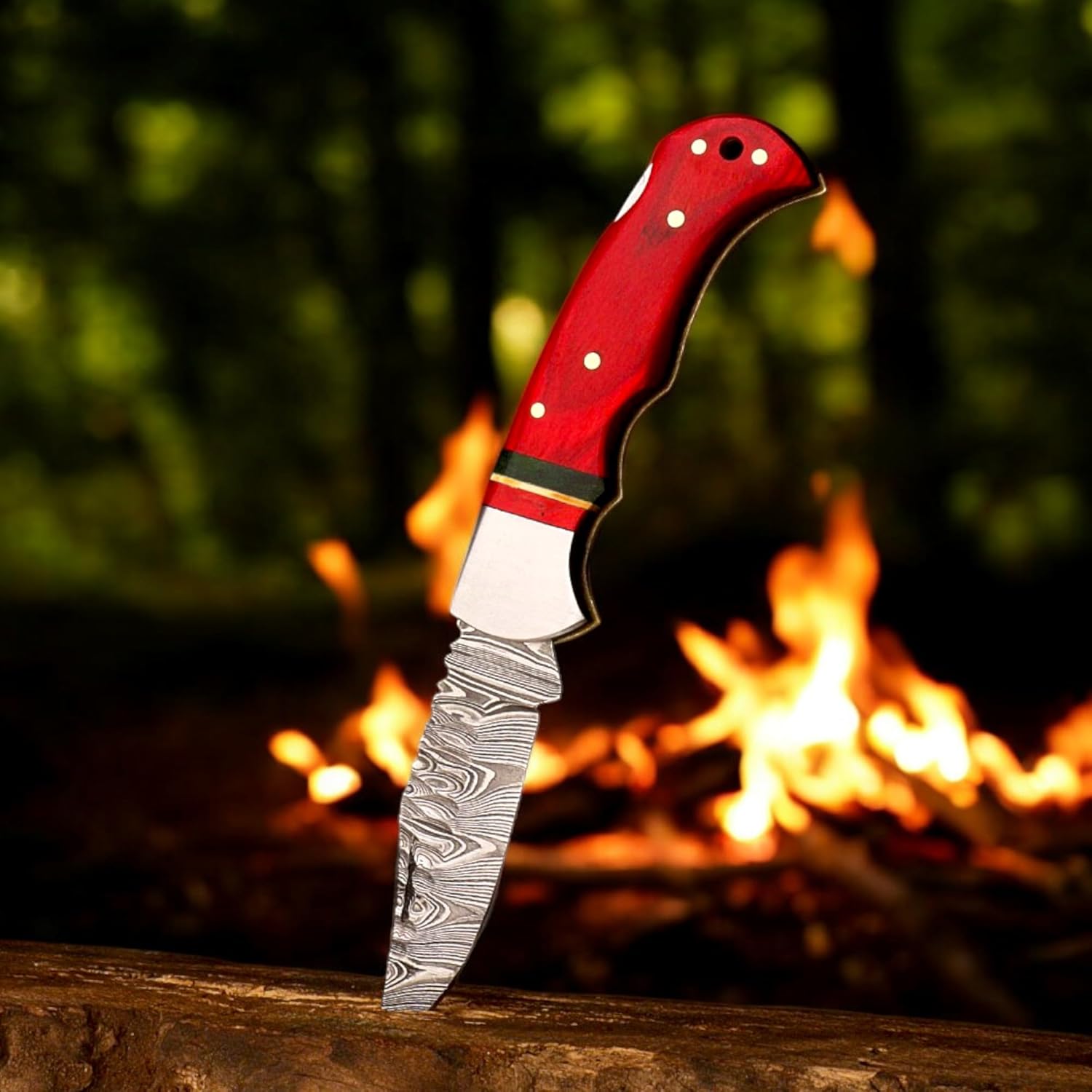 Babu Butt & CO Damascus Steel Folding Pocket Knife for Men, Redwood Handle with Green Accent, Leather Sheath