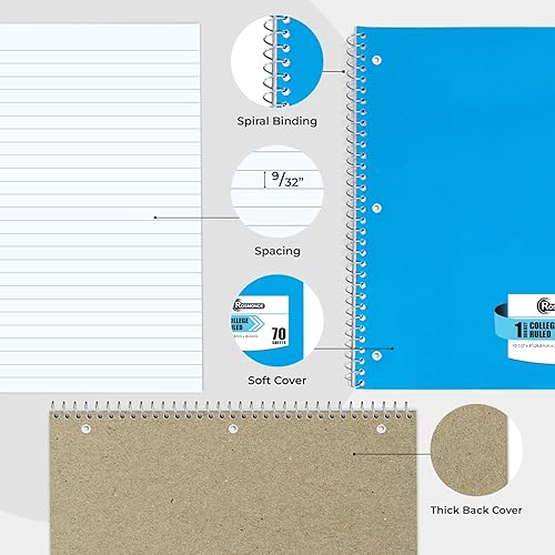 Miniatura 7 de Rosmonde Cuaderno de espiral con rayas universitarias, combinado, paquete de 12, 1 materia, 70 hojas (120 páginas) y cuaderno en espiral, paquete de