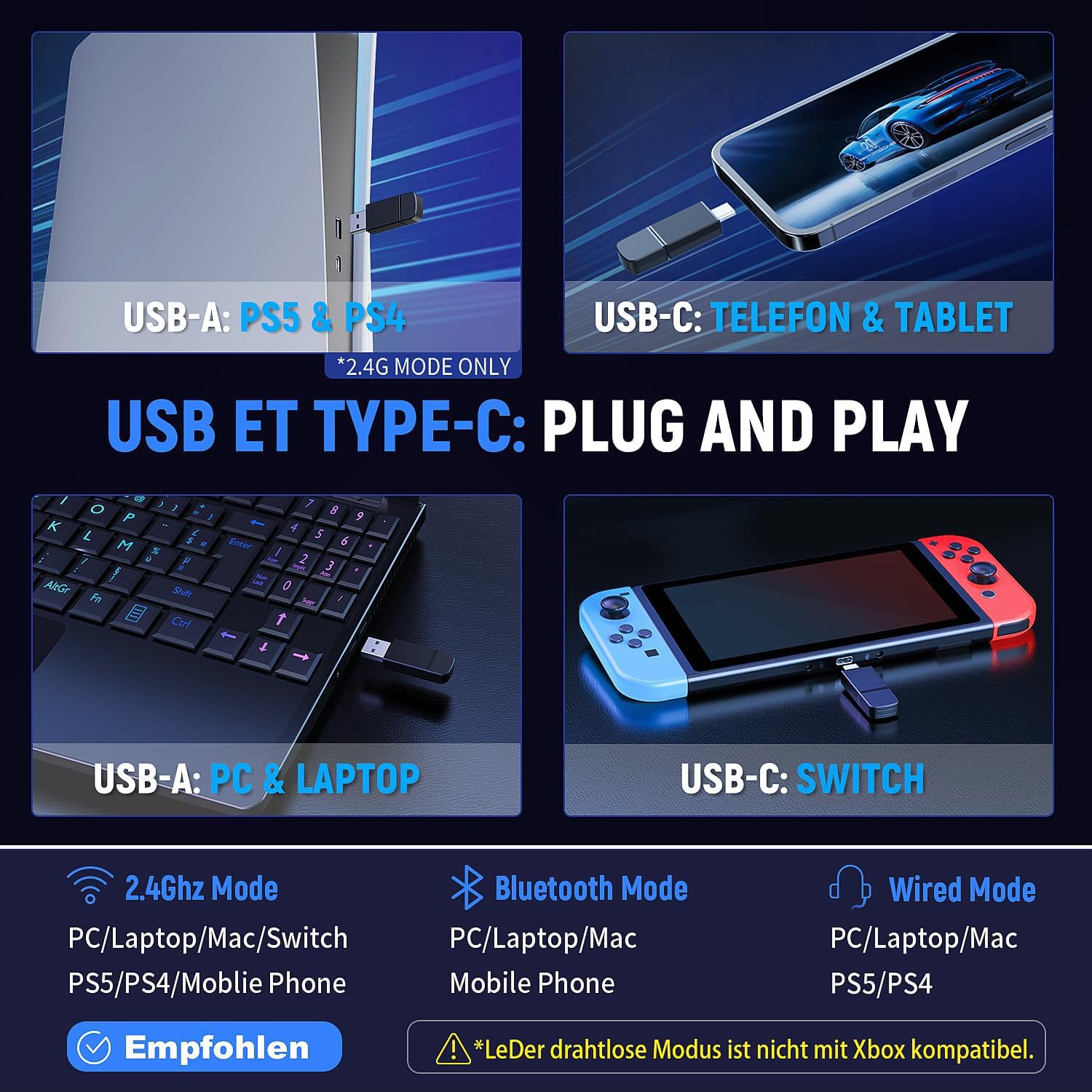 Tatybo Bezprzewodowy zestaw słuchawkowy gamingowy do Ps5/Ps4/PC/Switch, 2,4 GHz i Bluetooth, opóźnienie poniżej 25 ms, czas pracy 35 godzin, oddychające nauszniki, RGB, bezprzewodowy zestaw
