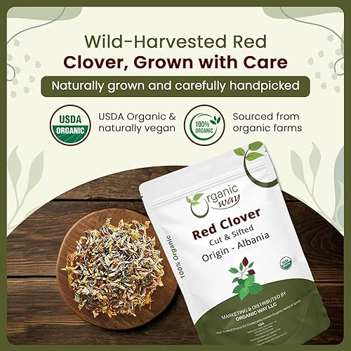 Miniatura 3 de Organic Way Flor de trébol rojo cortado y tamizado (Trifolium pratense) - Té de hierbas  Cosecha silvestre europea  Certificado orgánico y Kosher