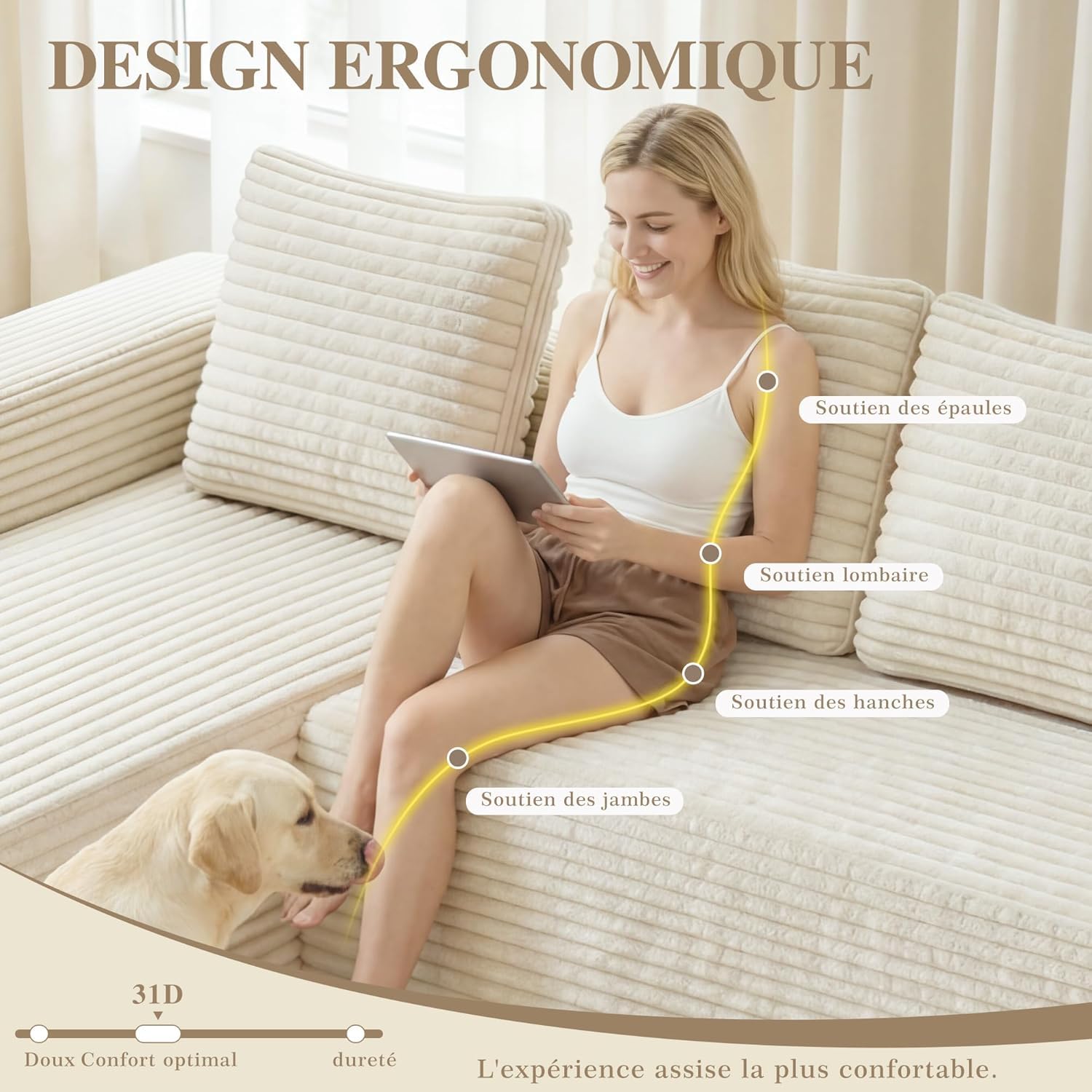 261cm Canapé d'angle Convertible, Canape 3 Places en L, Compressible canapé modulable Cloud avec Assise Profonde, canape Dangle Convertible et Librement combinable pour Le Salon, Beige